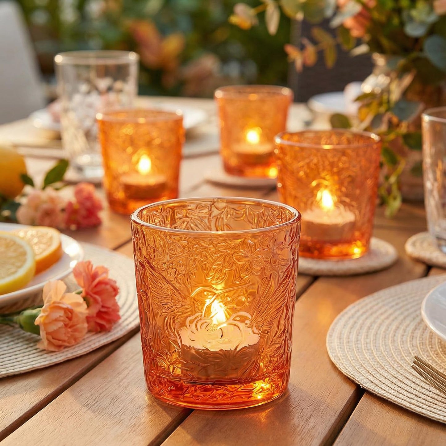6 Pack Hummingbird Embossed Glass Candle Holders Votive Tealight Holders with Patent Design, Decorative Glass Cups for Wedding Centerpieces, Parties, and Home Decor (Pumpkin Spice)