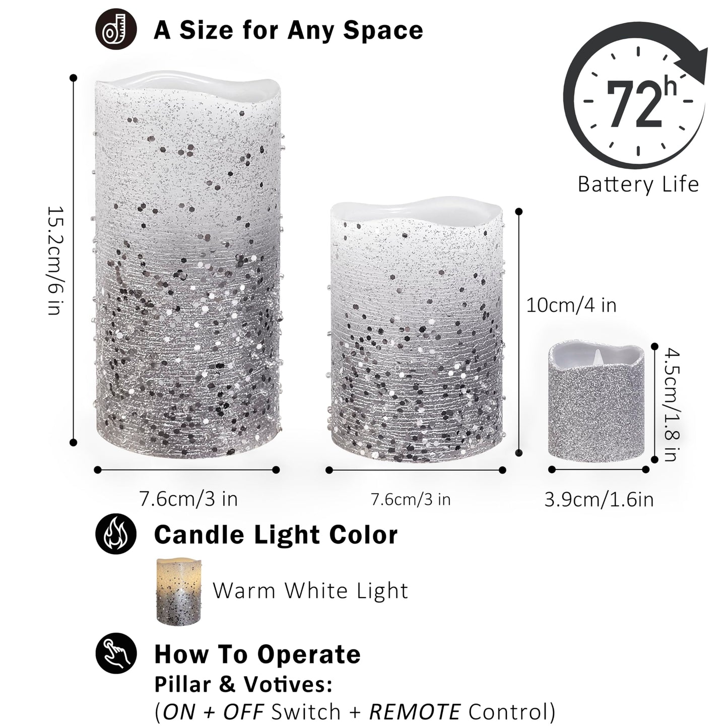 FURORA LIGHTING Silver Glitter Flameless Candles - Real Wax, Adjustable Brightness, Remote & Timer - 4 Pillars (3x4, 3x6) and 4 Votives, 8-Pack, Battery Operated