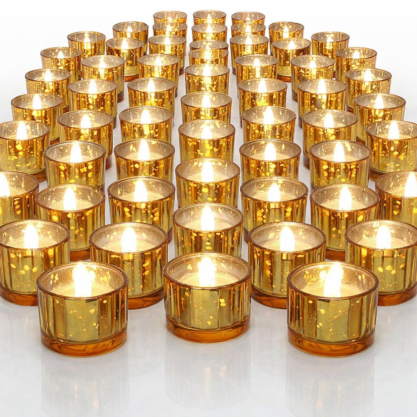 Mumufy 100 Pcs Glass Tealight Candle Holder Ribbed Votive Candle Holder for Centerpiece Wedding Proposal Spa Aromatherapy Meditation Home Decor (Gold)