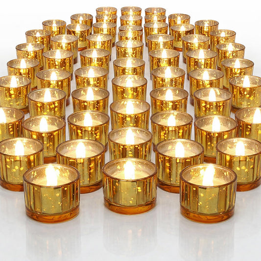 Mumufy 100 Pcs Glass Tealight Candle Holder Ribbed Votive Candle Holder for Centerpiece Wedding Proposal Spa Aromatherapy Meditation Home Decor (Gold)