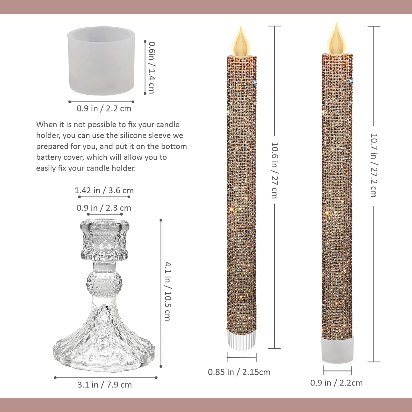 MISSTIME Flameless Taper Candles with Illuminated Crystal Glass Candle Holder - Remote Timer 2AA Battery Operated 500+ Hours Rose for Thanksgiving/Xmas Decor, Wedding Centerpiece (2 Pack)