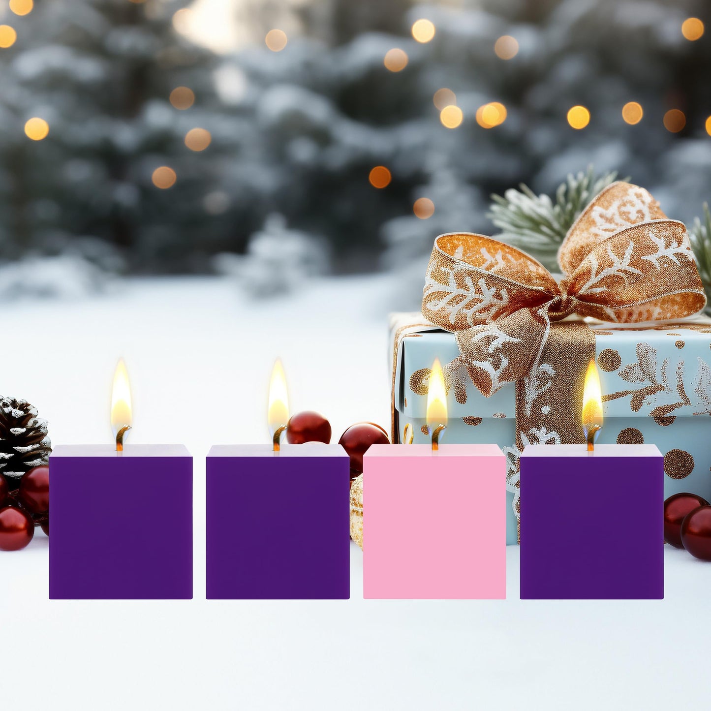 Mega Candles 4 pcs Unscented Christmas Advent Candles Set, Hand Poured Premium Wax Square Pillar Candle 3 Inch x 3 Inch, Holidays, Occasions, Events, Festivities, Devotional, Church, Wreath, Gifts