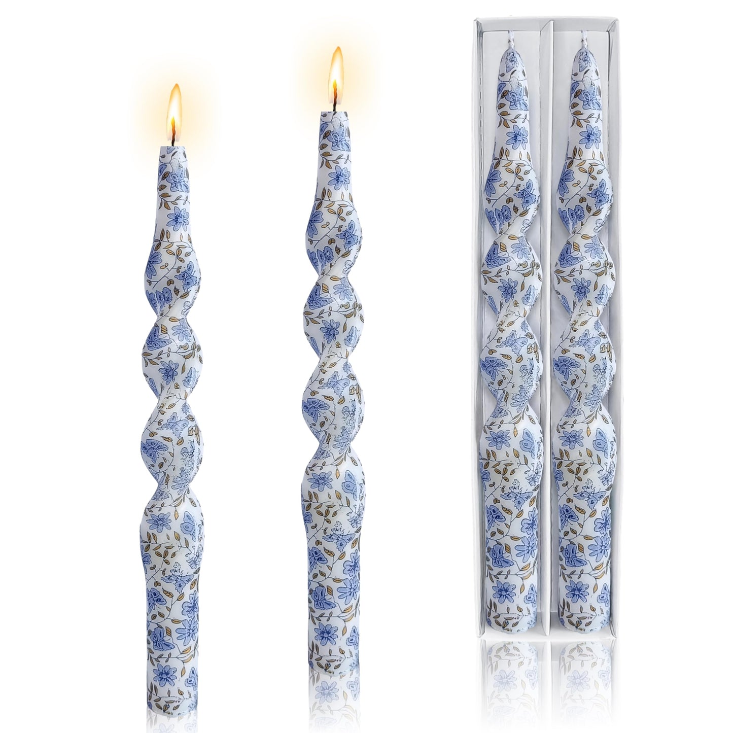 Blue and White Porcelain Taper Candle Flowers Printed Spiral Candles Unscented Smokeless Set of 2 Long Taper Candle 10 inch Twisted Candle Sticks Tapered Candles for Home Wedding Dinner Holiday Party