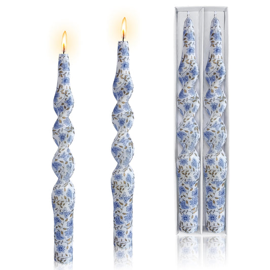 Blue and White Porcelain Taper Candle Flowers Printed Spiral Candles Unscented Smokeless Set of 2 Long Taper Candle 10 inch Twisted Candle Sticks Tapered Candles for Home Wedding Dinner Holiday Party
