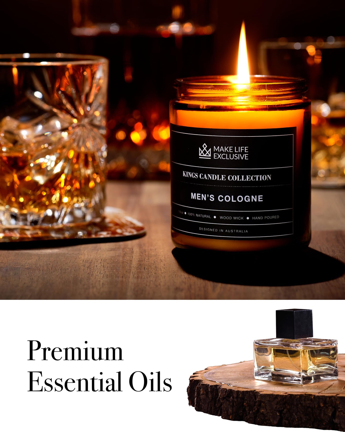 Scented Candles for Men | Men's Cologne, Amber Sandalwood Scent | Wooden Wick, Long Lasting, Masculine Scents | Natural Soy Jar Candle for Home, Bacehlor Pad Decor | The Perfect Mens Gift