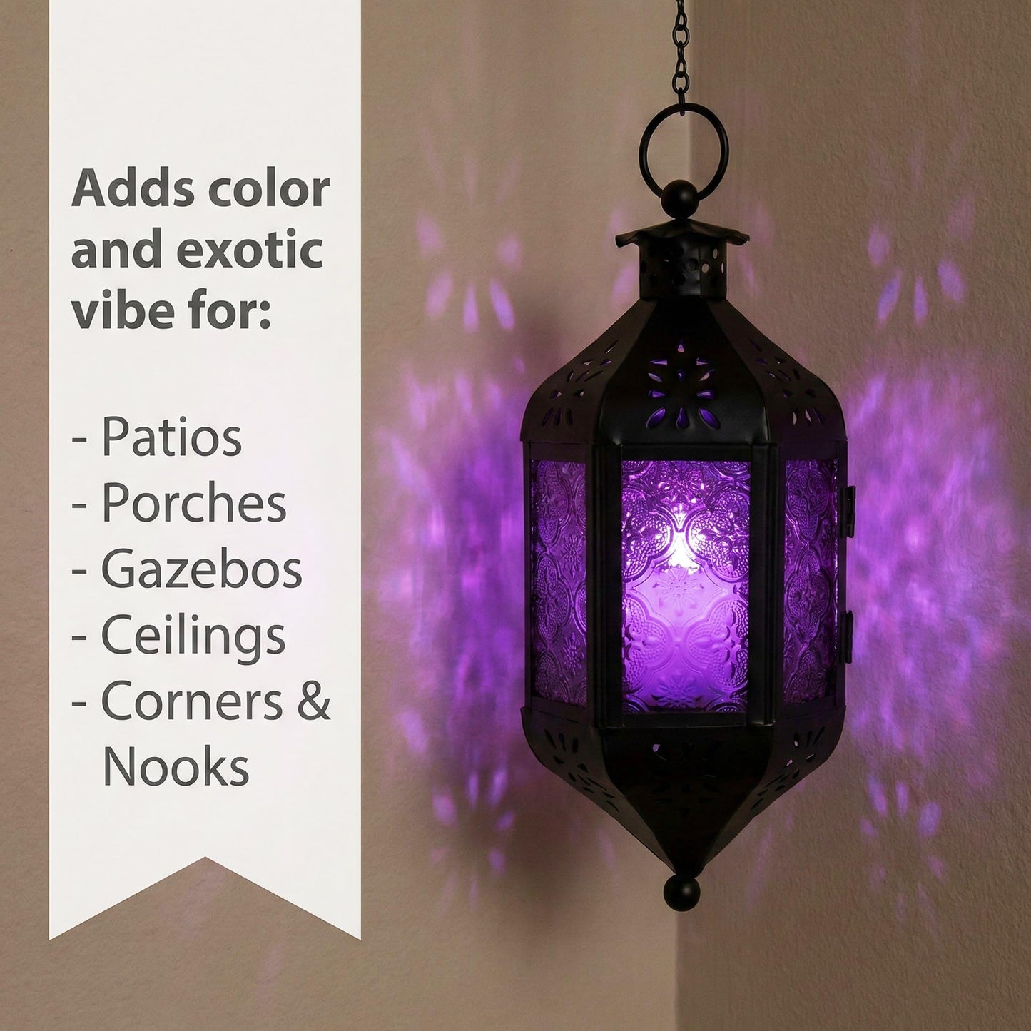 Vela Lanterns Gothic Candle Holder, Hanging Lantern Indoor Lamp, Witchy Whimsigoth Home Decor, Decorative Moroccan Purple Glass Halloween & Vampire Decorations, Metal with 12" Chain, Purple Glass