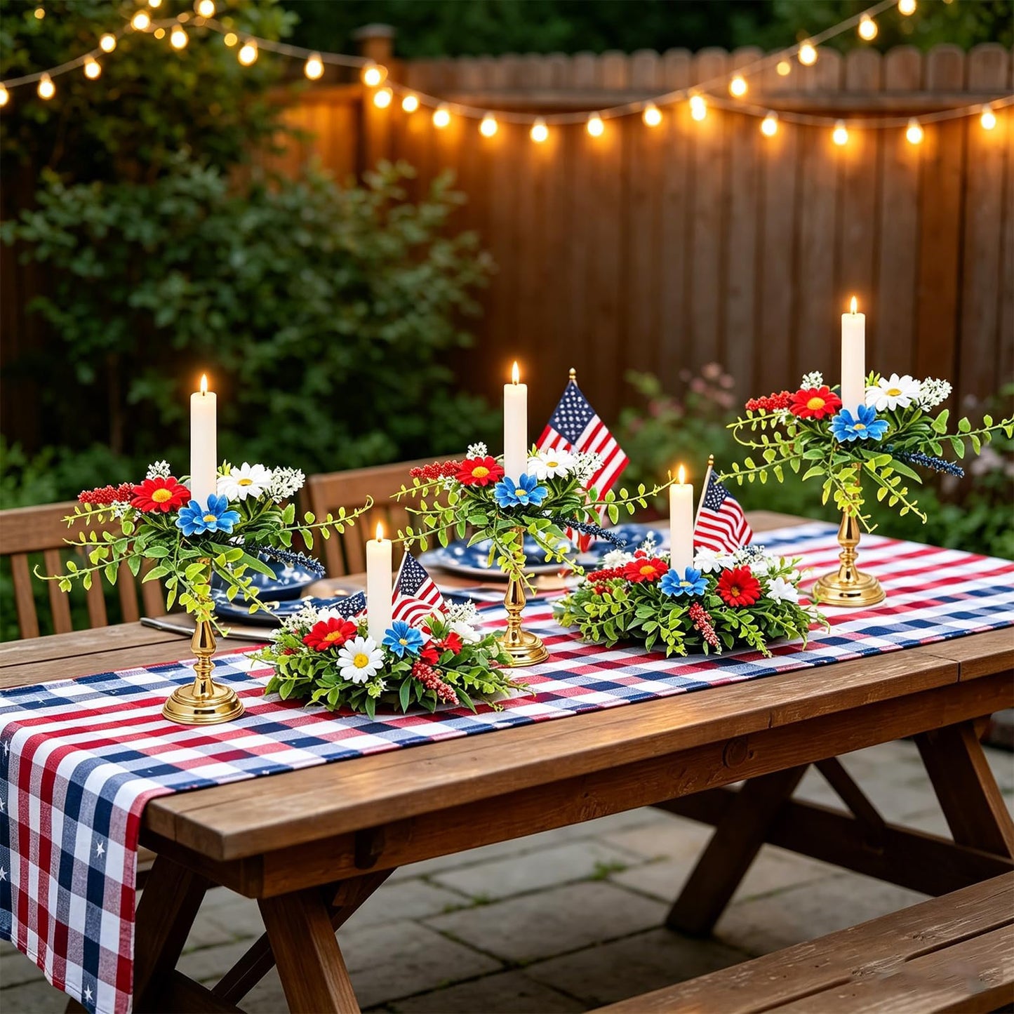 6 PCS Patriotic American Taper Candle Rings Wreaths 1.38" Mini 4th of July Floral Taper Candle Holder with Daisy Artificial Independence Day Table Centerpieces Wreath for Party Home Candlesticks Decor