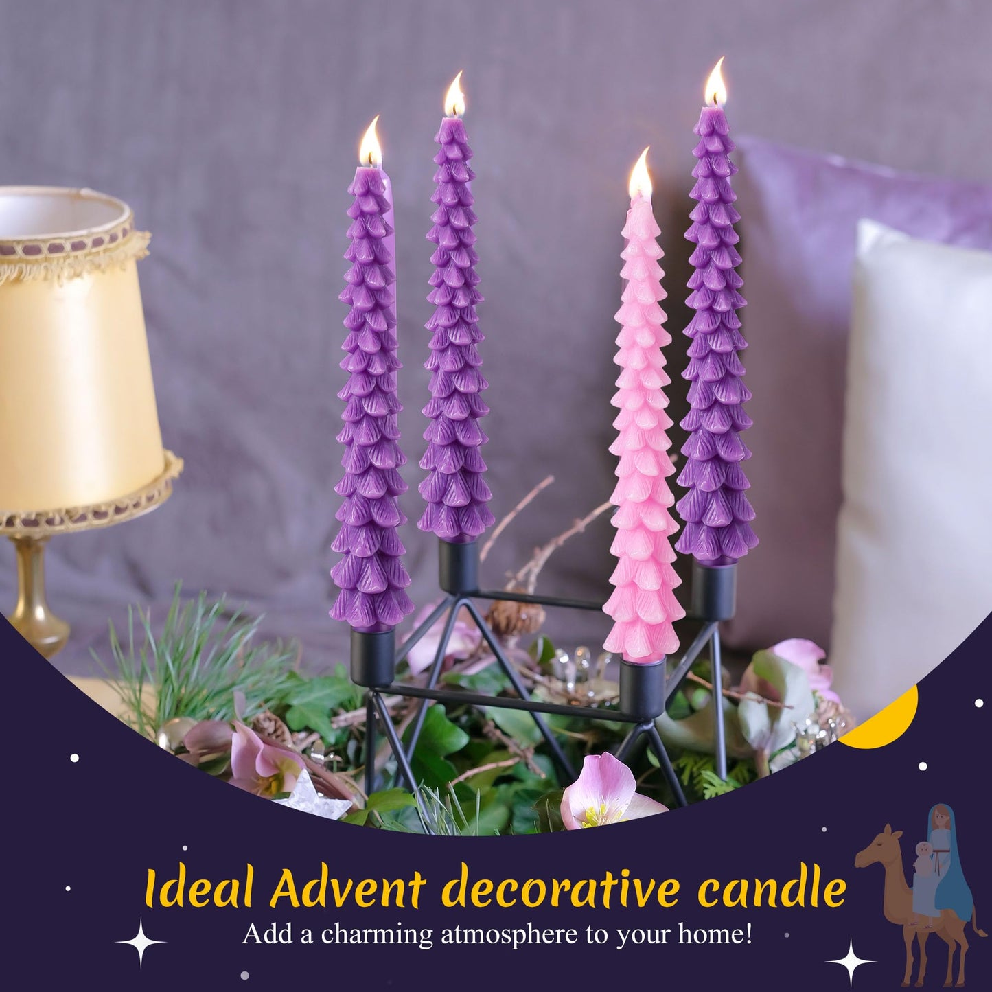 Ceoighe 4 Pcs 10 Inch Advent Candle Set, Natural Beeswax Christmas Taper Candles for Xmas Decor, Unscented Advent Candle Christmas Tree Shaped for Holiday Decoration, Party, Banquet