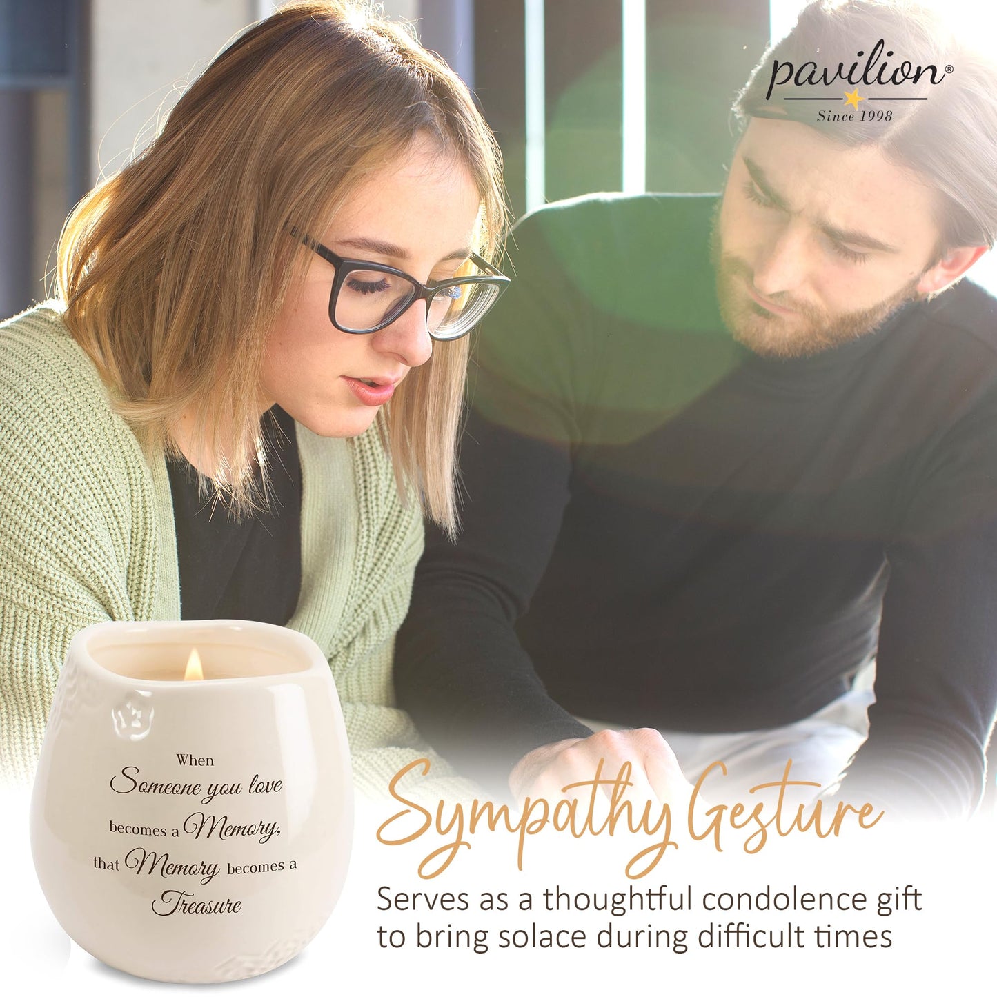 Pavilion - 8 Oz Candle Holder - Cream Beige Ceramic Candle Vessel with 100% Soy Wax, Tranquility Scent When Someone You Love Becomes A Memory Remembrance Gift - Printed Text, Love Theme, Round Shape
