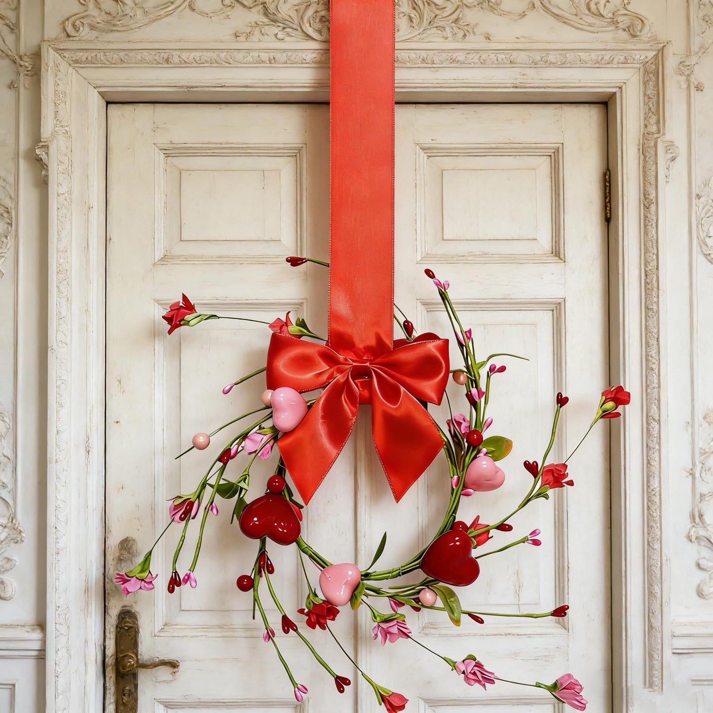 2 Pcs 10" Mini Valentine Candle Rings Wreath for Front Door Small Valentine's Day Red Heart Berry with Forsythia Flowers Decor for Kitchen Cabinet Porch Wall Window Chai (Pink)
