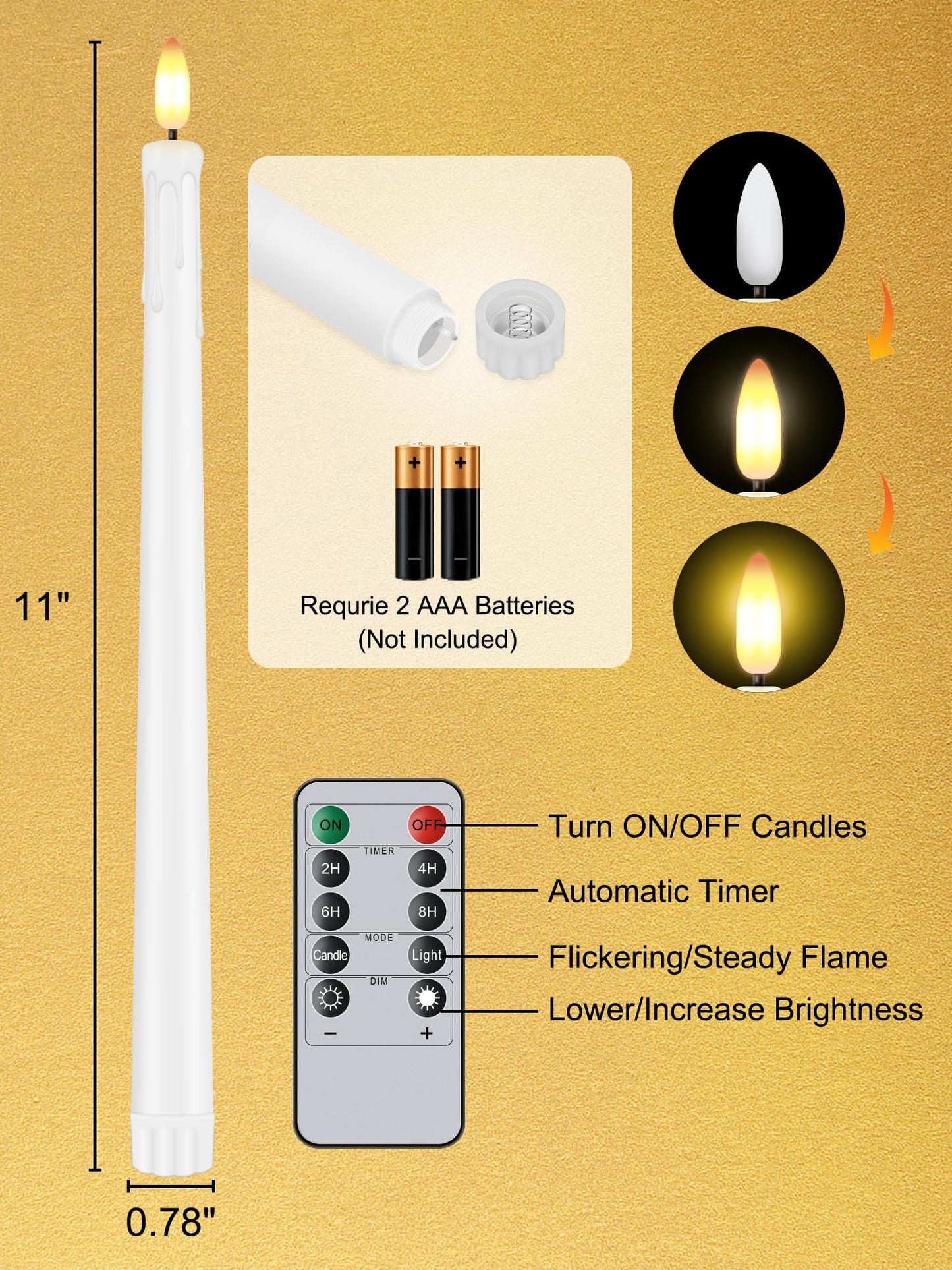 Warmhere 12 Pcs Flameless Taper Candles with Remote Timer, 11" Long Battery Operated Dripping Taper Candles, Flickering 3D Flame, Plastic Fake LED Candlesticks for Home Wedding Party Holiday, White