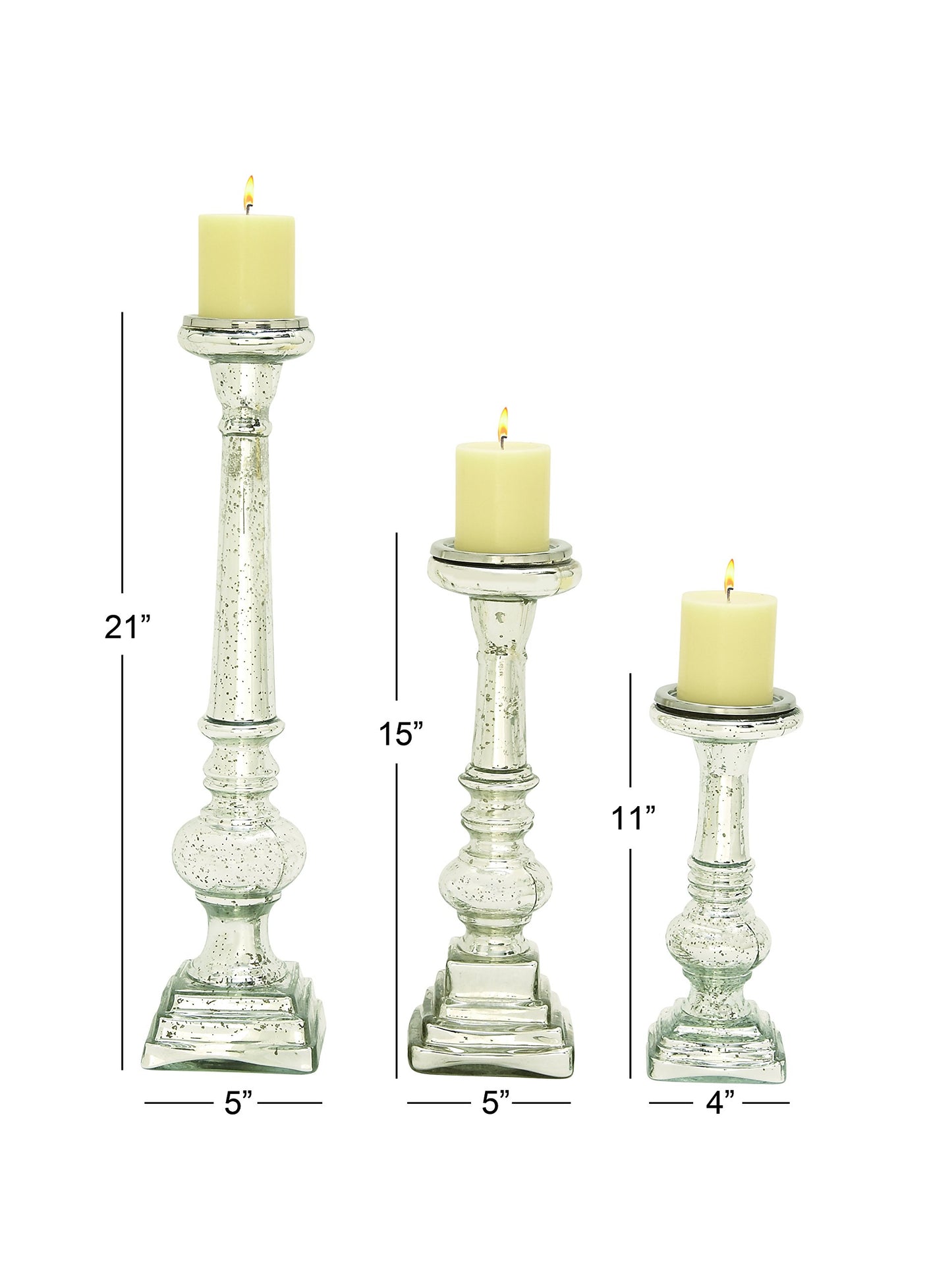 Deco 79 Glass Handmade Decorative Candle Holder Turned Style Pillar Candle Stand, Set of 3 Candlestick Holder 11", 15", 21"H, Silver