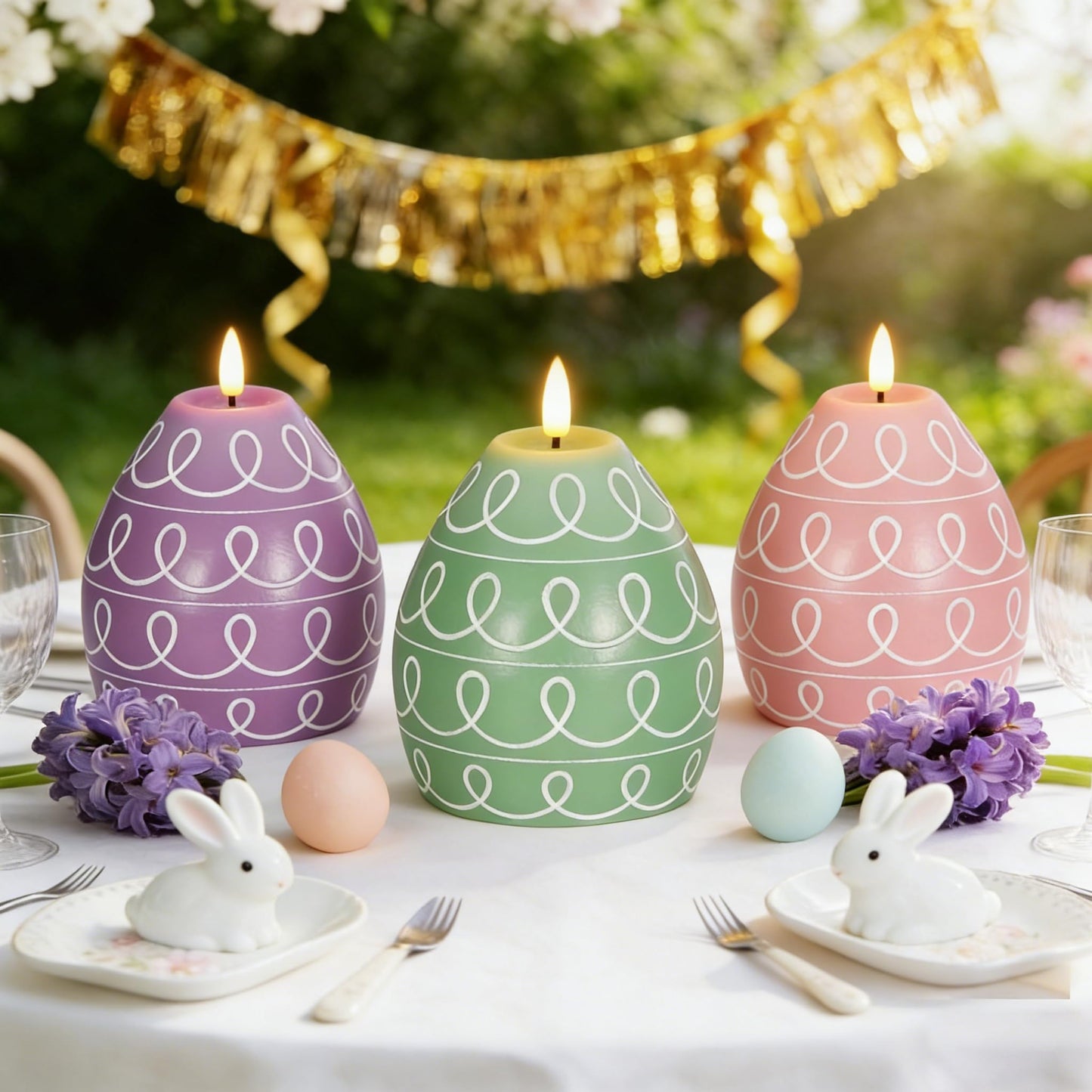Leorate 3PCS Easter Egg Flameless Candles – 5.2" Battery Operated LED Egg Candles with White Wave Pattern, Green Purple Pink Real Wax Finish, Flickering Flame for Easter Table Centerpiece Spring Home