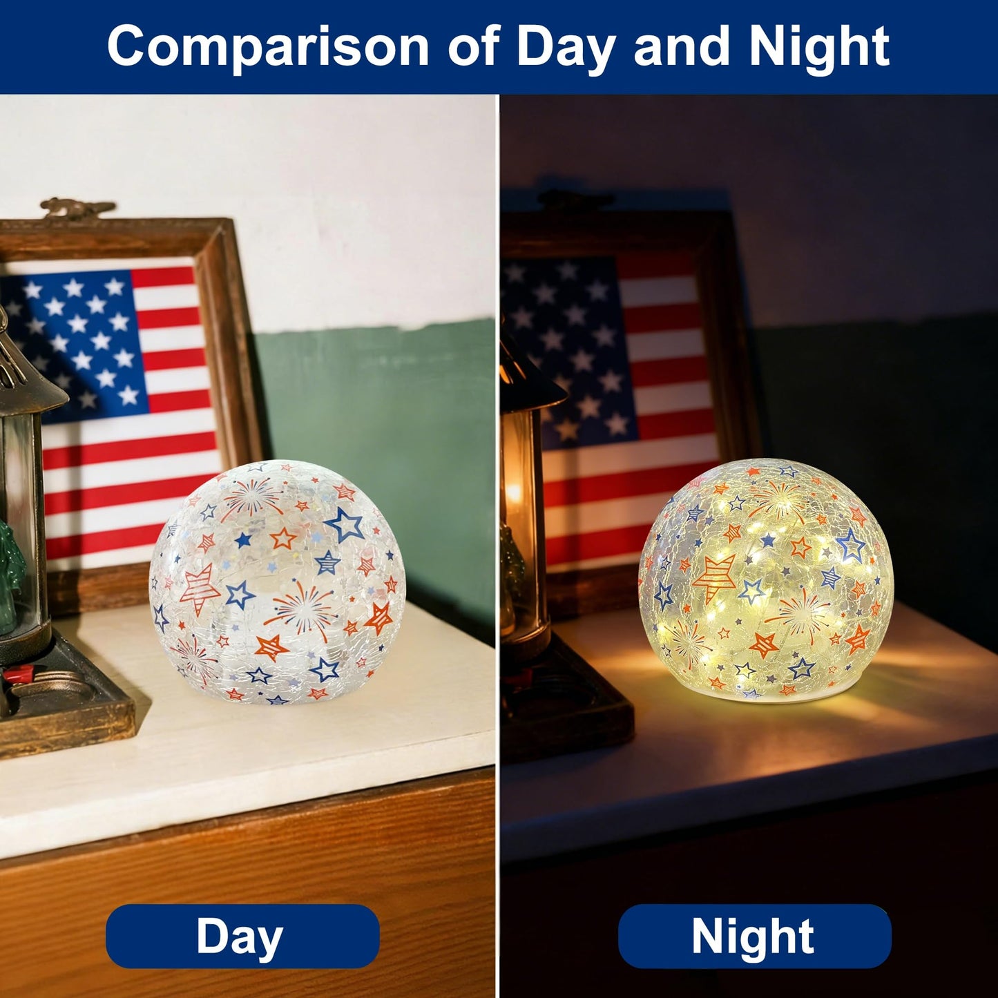 3PCS Independence Day Decorative Lights, 3.93-inch Independence Day Desktop Decoration LED Night Light, Cracked Glass Ball Light with Timer, 4th of July Decorations (Fireworks Pattern)