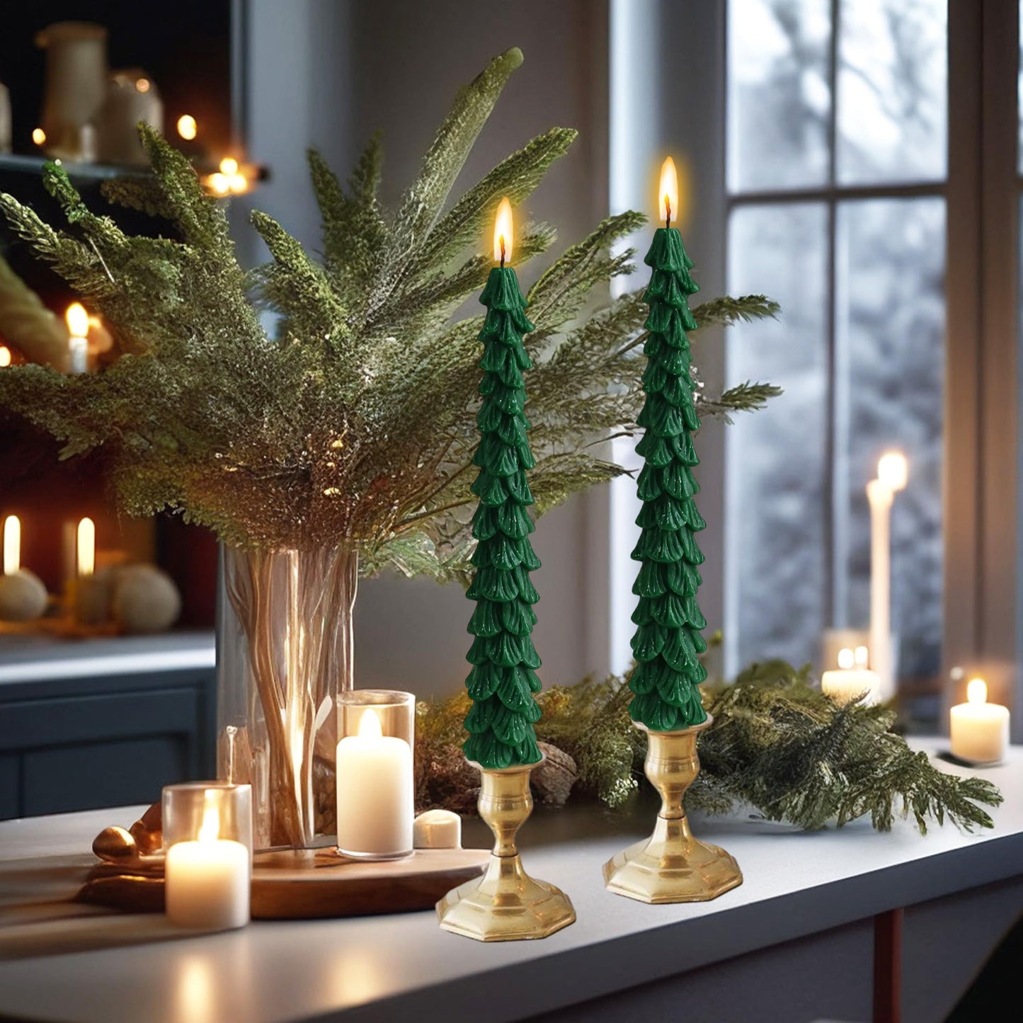 Green Christmas Tree Shaped Taper Candles 10 Inch Xmas Eve Holiday Candle Unscented Candlesticks for Christmas Party Room House Kitchen Decor Wedding Decorations Gift, 2 Pack