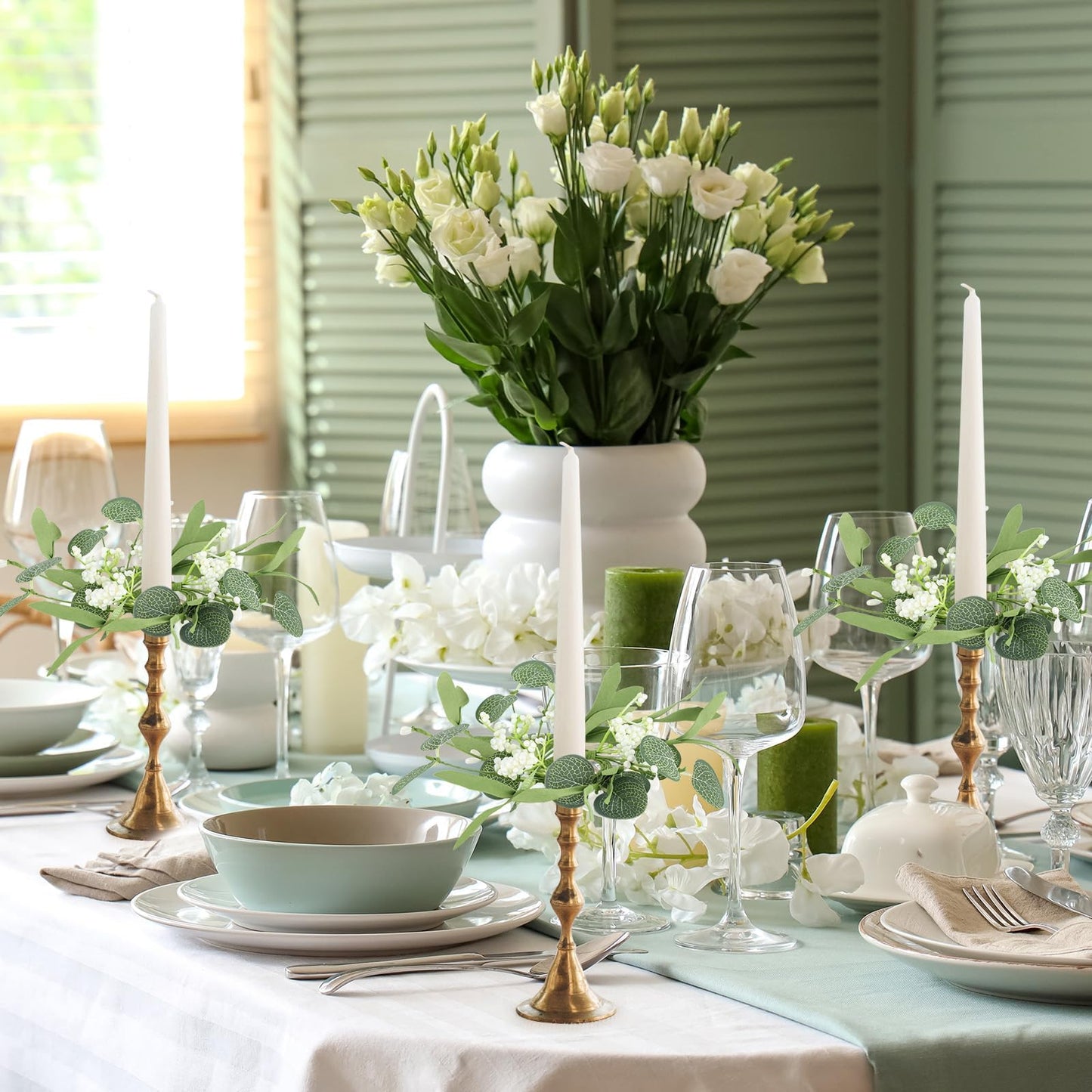 6 PCS Eucalyptus Taper Candle Rings Wreaths 1.38" Mini Spring Summer Floral Taper Candle Holder Wreaths Green Artificial Flower Table Centerpieces Wreath for Church Farmhouse Home Candlesticks Decor
