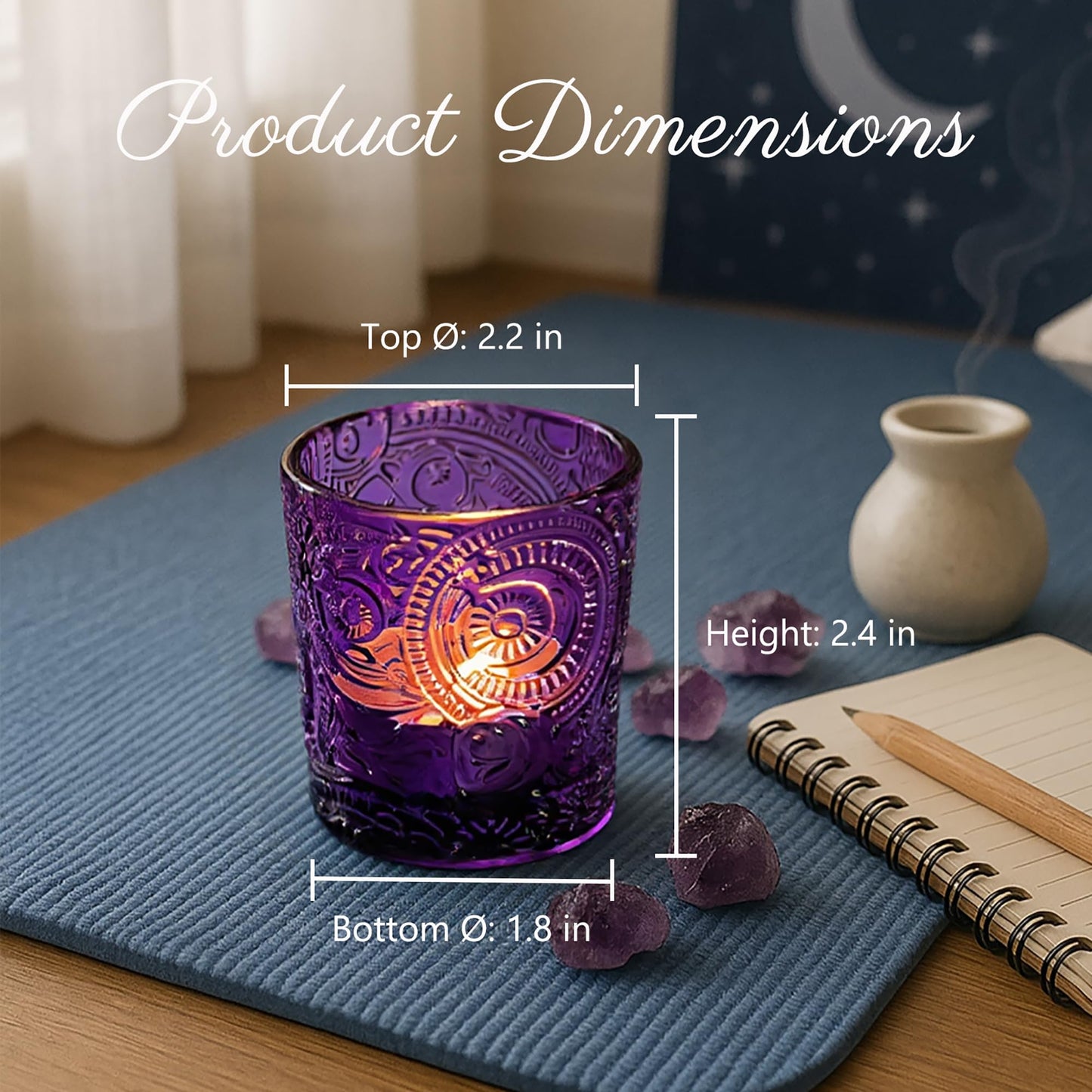 6 Pack Sun Moon Star Embossed Glass Tea Light Candle Holders - Votive Candle Holders for Wedding, Party, Home Decor, and Table Centerpieces (Amethyst Purple)