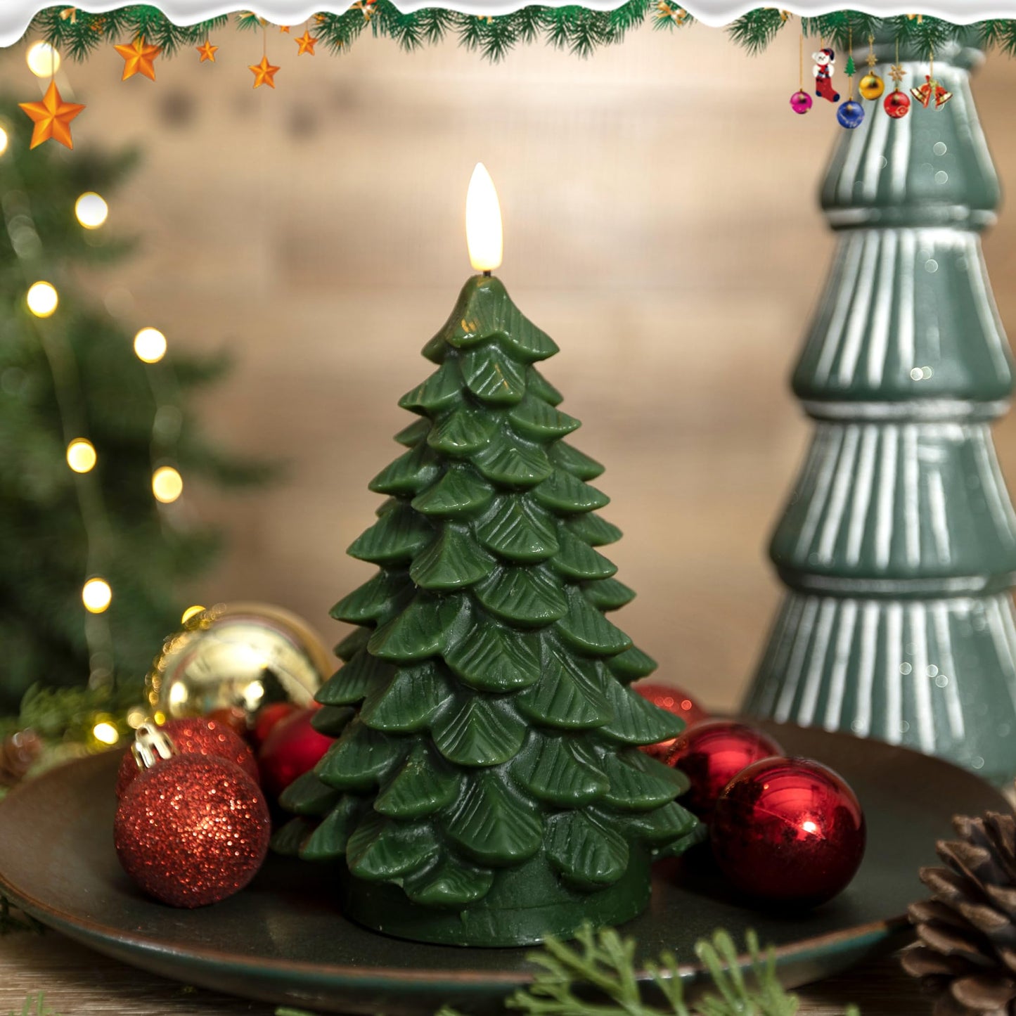 LUSHARBOR Flameless Candles with Remote Timer, 2 Pack Christmas Tree Candles Battery Operated LED Candles Real Wax Holiday Christmas Decoration for Bedroom Party Festival Gift Green