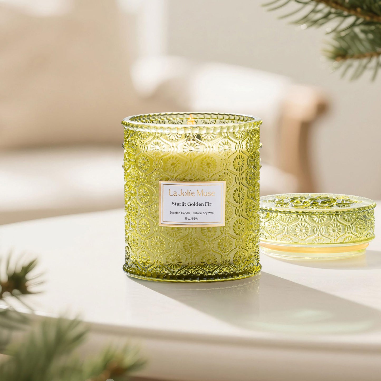 LA JOLIE MUSE Starlit Golden Fir Candle – Pine, Cedarwood, Fir Balsam | 19 oz Large Wooden Wick Candle | Natural Soy Wax | 90 Hours Clean Burn | Gift-Ready for Hosts & Gatherings