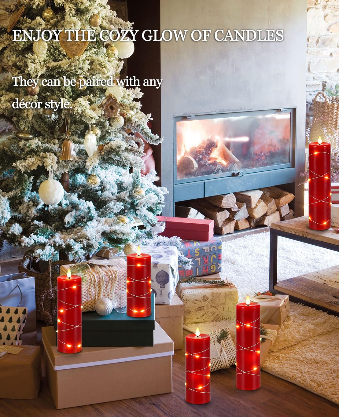 Kiexung Red Flameless Candle Fairy String Light, Water Drop Flame, Advanced LED Flame Simulation with Remote and Timed Candles, 5-Cell Battery Powered，Christmas Candle
