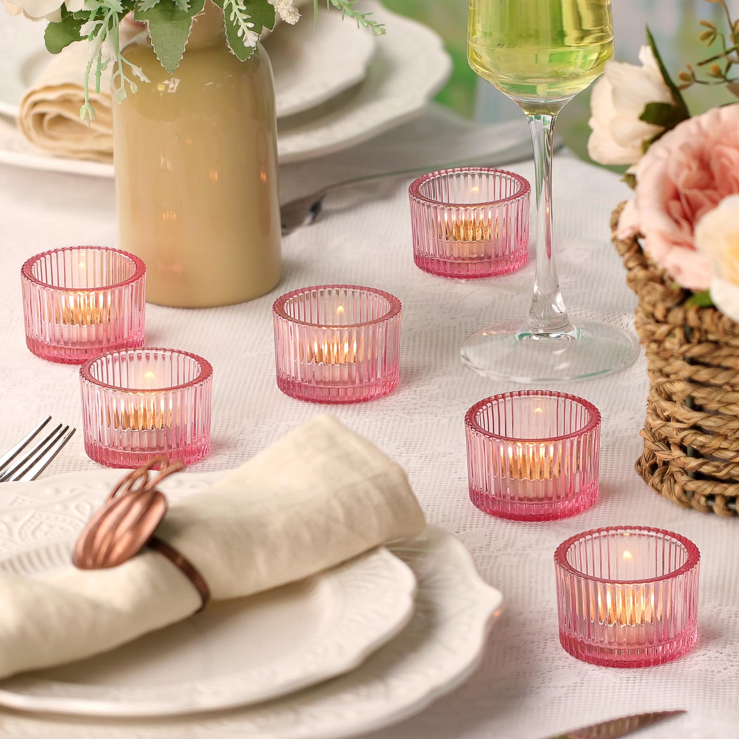 Lanttu Pink Tealight Candle Holder Set of 12, Small Votive Candle Holders for Table Centerpiece,Glass Tea Light Candles Holder for Party&Home,Wedding Decor(2''Dia*1.4''H)