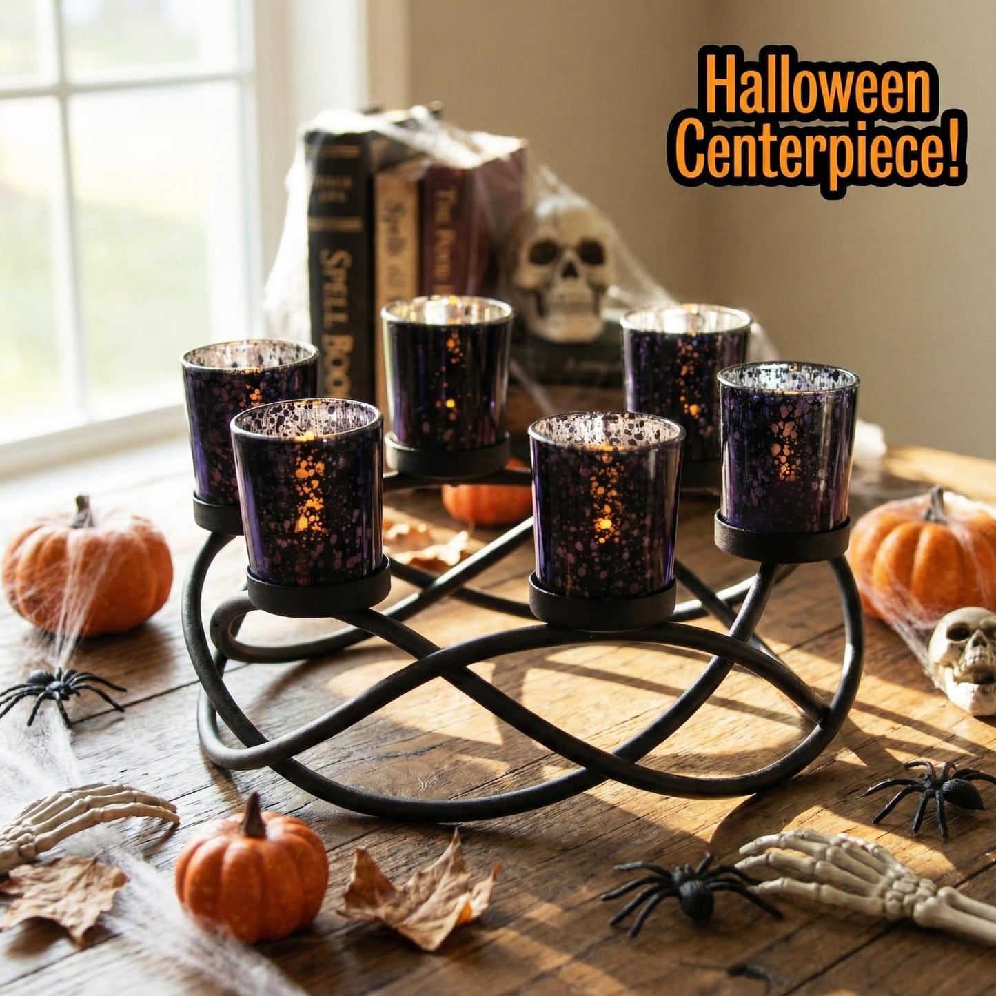 Seraphic Centerpieces for Halloween Table Decorations - Round Candle Holders for Outdoor Patio, Dining, Kitchen, Coffee & Wedding Table Decor, Black Iron Candelabra, 6 Black Glass Votive Tealight Cups