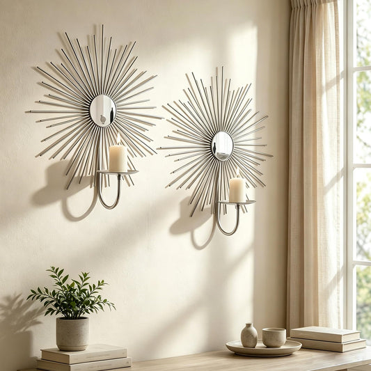 Sxnzequnze 2 Set Candle Sconces Wall Decor for Living Room Metal Sunburst Mirrored Modern Gold Wall-Mounted Candle Holder Sconces Hanging Mounted Fireplace Farmhouse Wedding