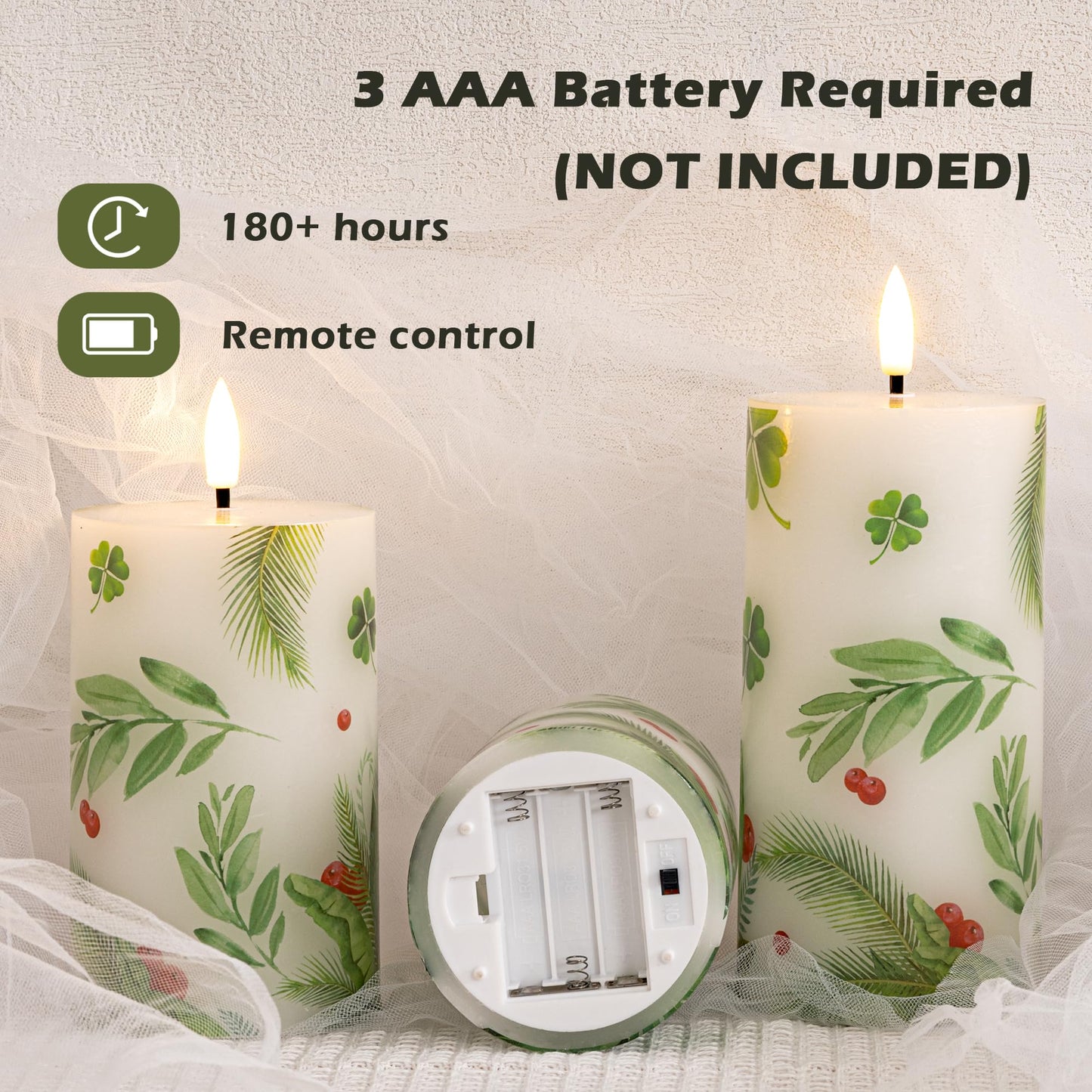 JOIONE Flameless Pillar Candles with Remote, 3 Pack Battery Operated Real Wax Green LED Candles, Perfect for Spring Summer Home Decorations Fireplace Table, Shamrock