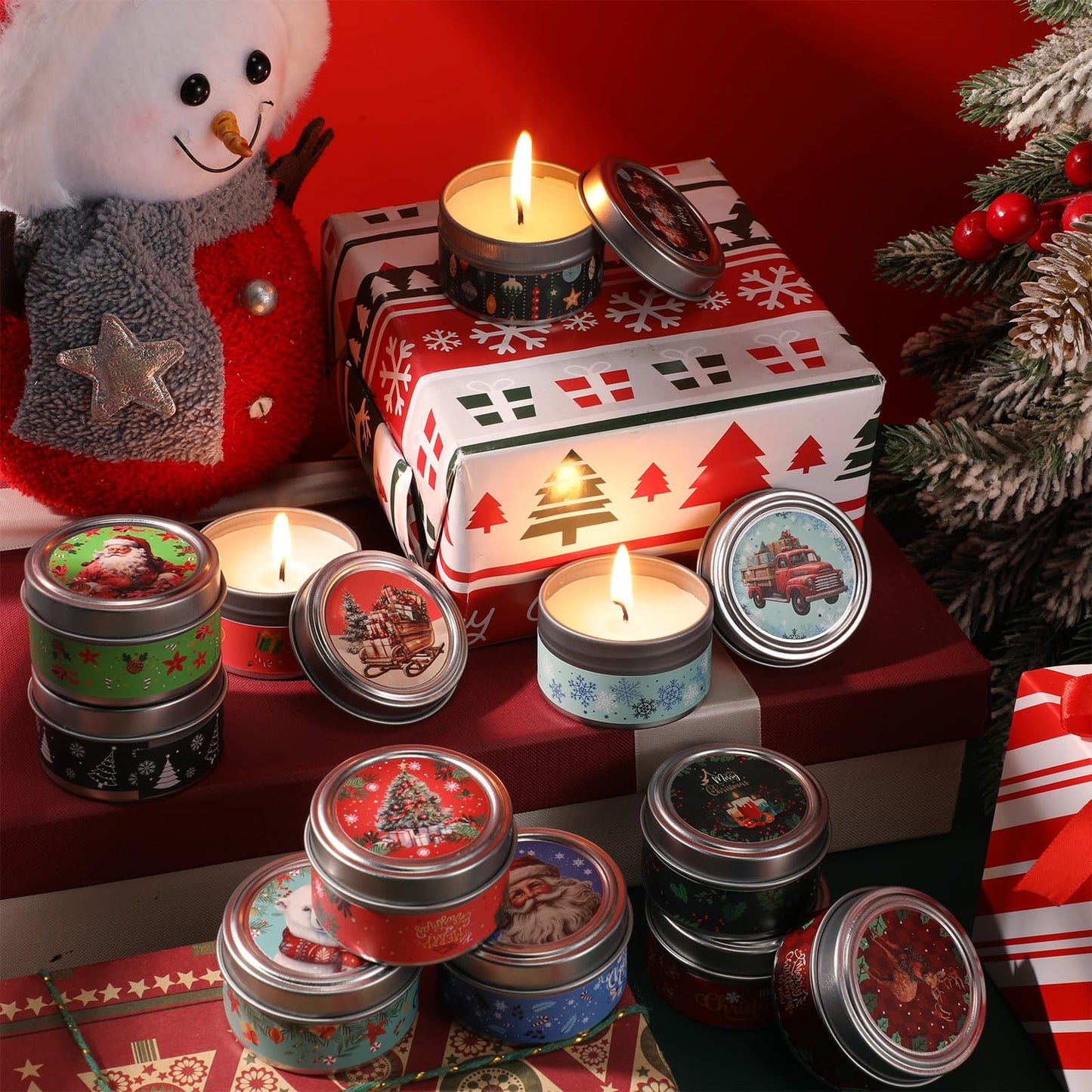 MTLEE 24 Sets Christmas Scented Soy Wax Candles Aromatherapy Candles with Organza Bag and Cards Bulk, Portable Travel Tin Candle Party Favors Christmas Gifts for New Year Home Supplies(Retro)