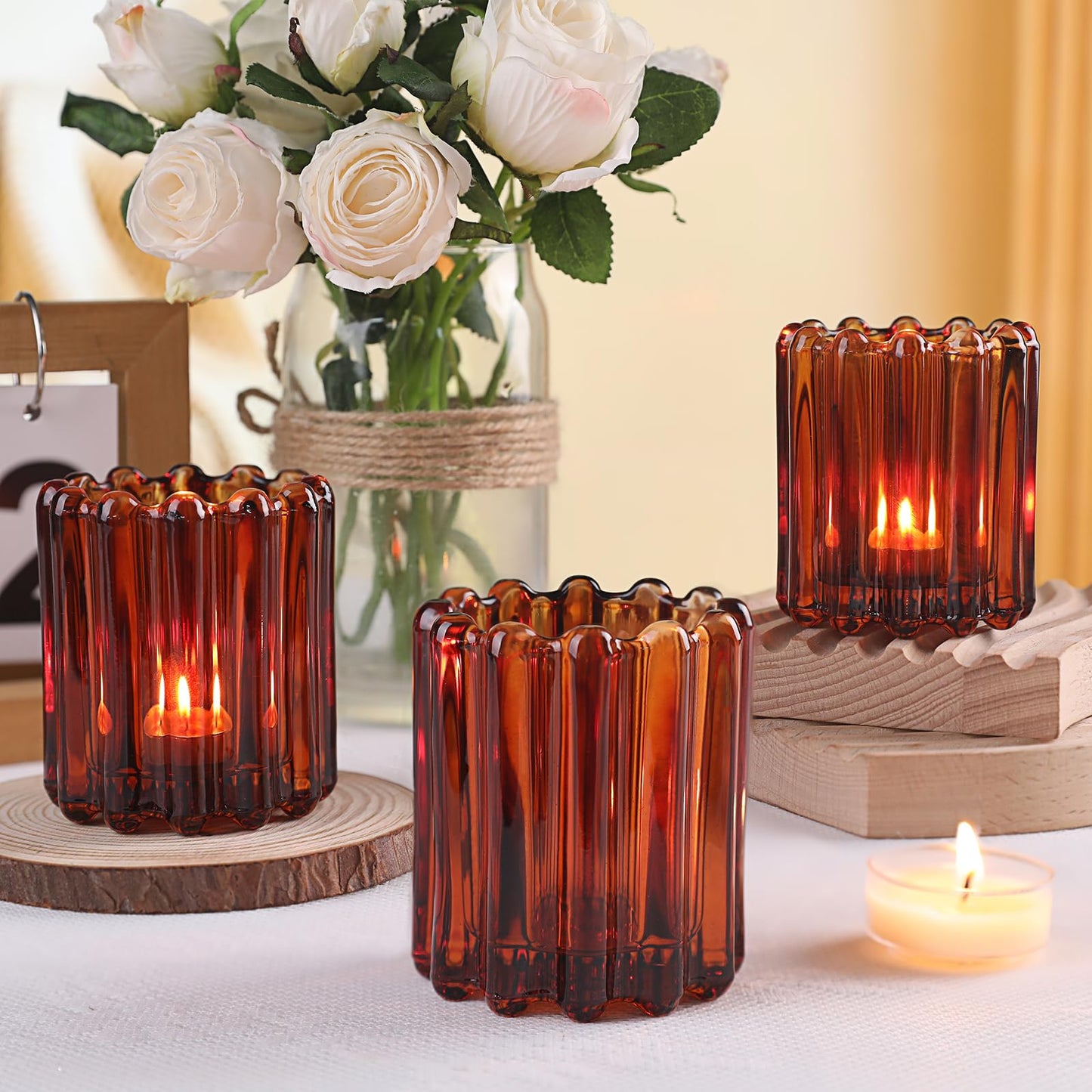 HAVITI Glass Amber Votive Candle Holder, Ribbed Votive Candle Holders Set of 12, Tealight Candle Holder for Wedding Centerpieces Dinner Party Table Decor
