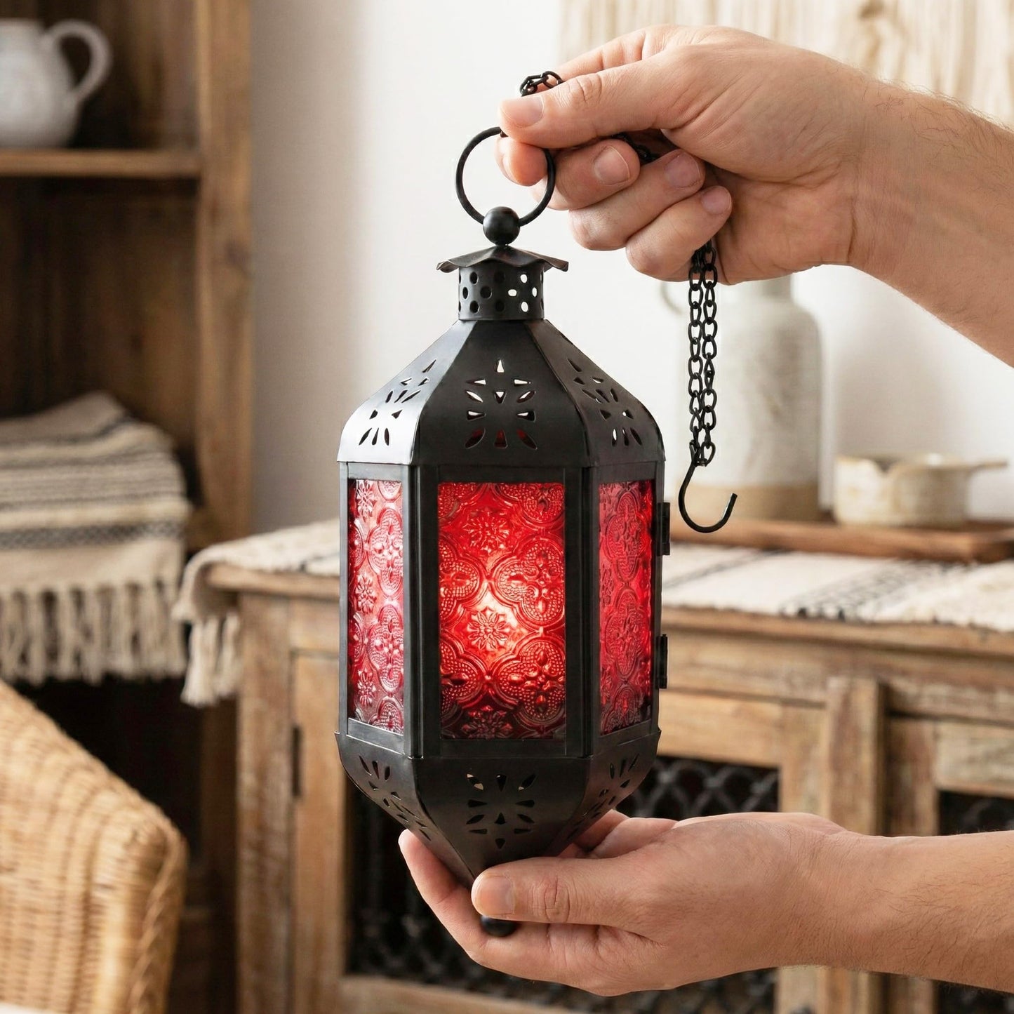 Vela Lanterns Hanging Moroccan Lamp - Exotic Decorative Patio & Porch Decor, Indoor Outdoor Tea Light Candle Lantern Holder with Chain (11" Medium, Red Glass)