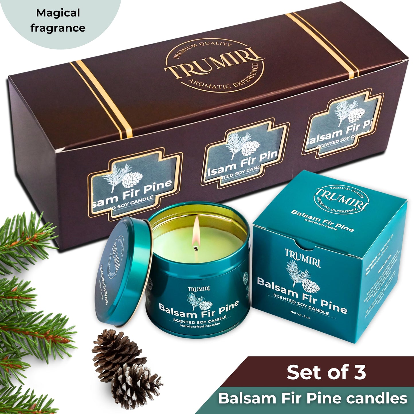 Balsam Fir Pine - Soy Candles for Home Scented - Pack of 3 x 5oz Natural Clean Non Toxic - for Fall Winter Christmas Holidays - Long Lasting Highly Scented Pet Safe - Velas Aromáticas para el Hogar