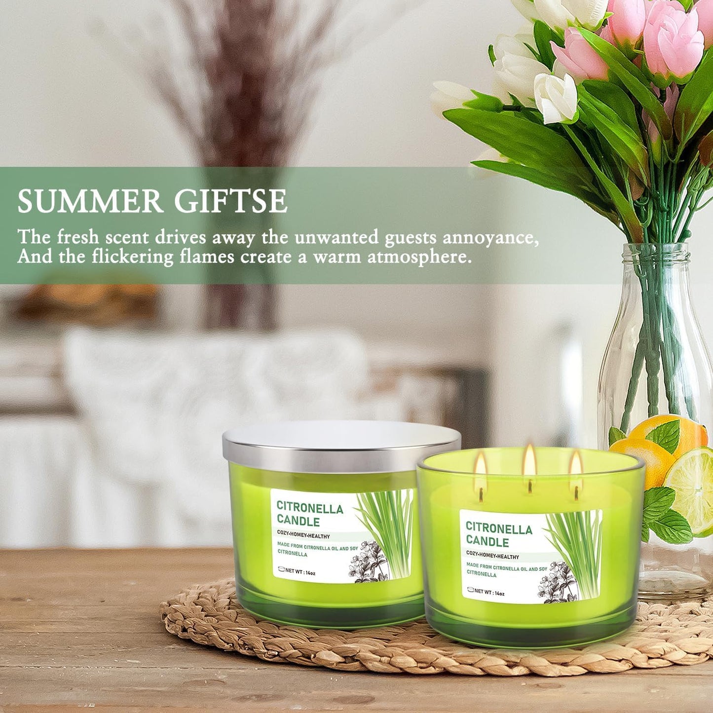 CAKETYCG Set of 2 Green Glass Jars Citronella Oil Candles 14oz Smokeless & Outdoor Candles Perfect for Courtyards, Backyards, Camping, Picnics, and Garden.