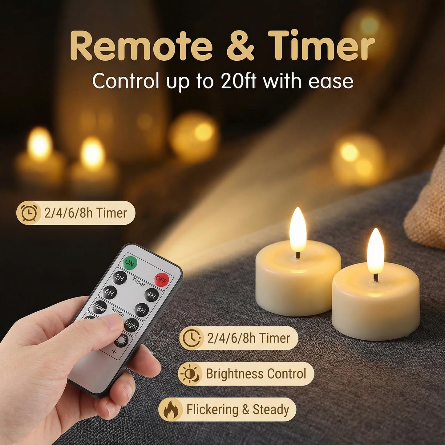 Eywamage Ivory Flameless Wax Tealights with Remote Batteries, Realistic Flickering LED Tea Votive Candles Set of 10