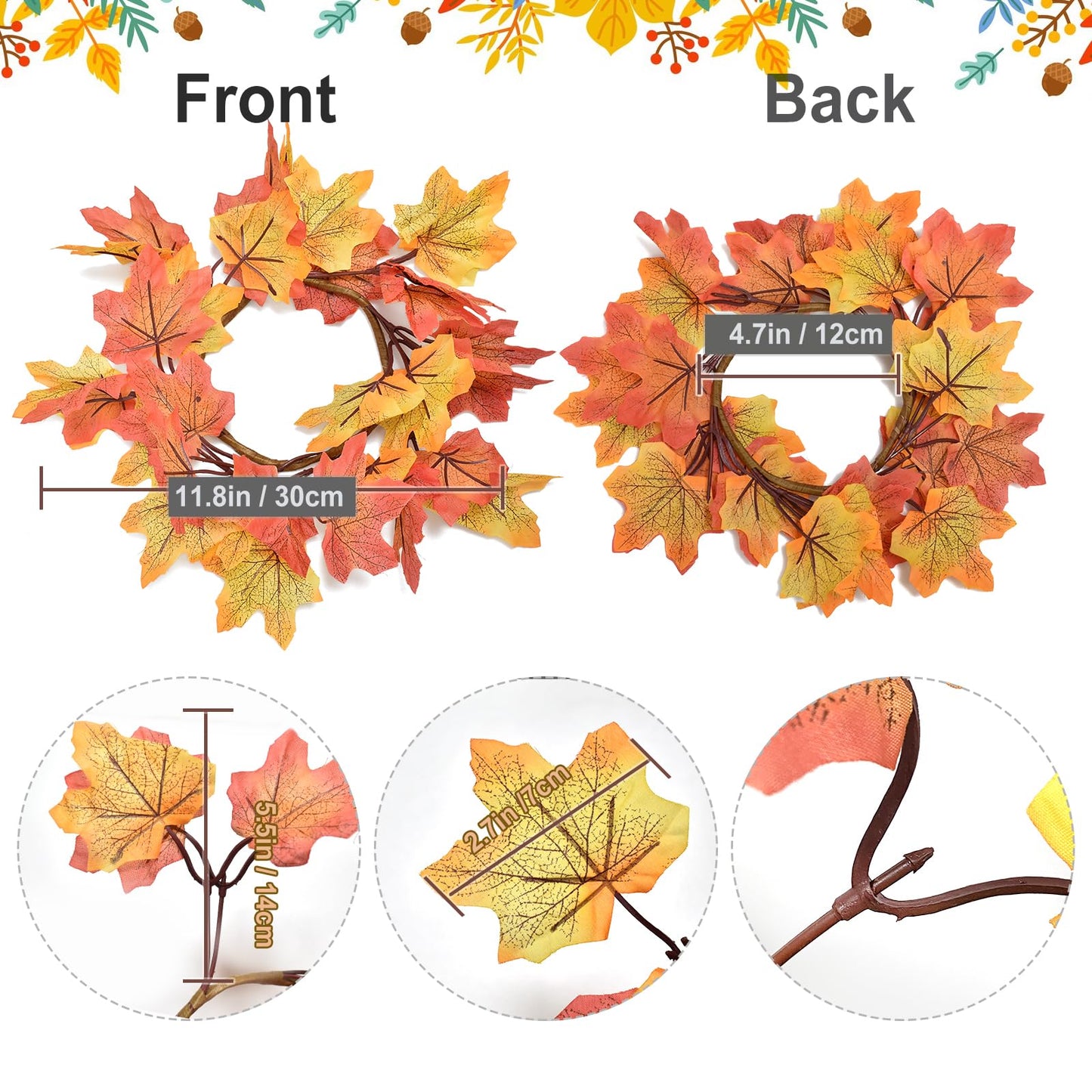 IWNTWY 6Pcs Fall Candle Rings Wreaths, Artificial Maple Leaf Candle Ring for Pillar Candle Holder, Thanksgiving Halloween Home Party Table Centerpieces, Door, Wall, Window Decor (Yellow)