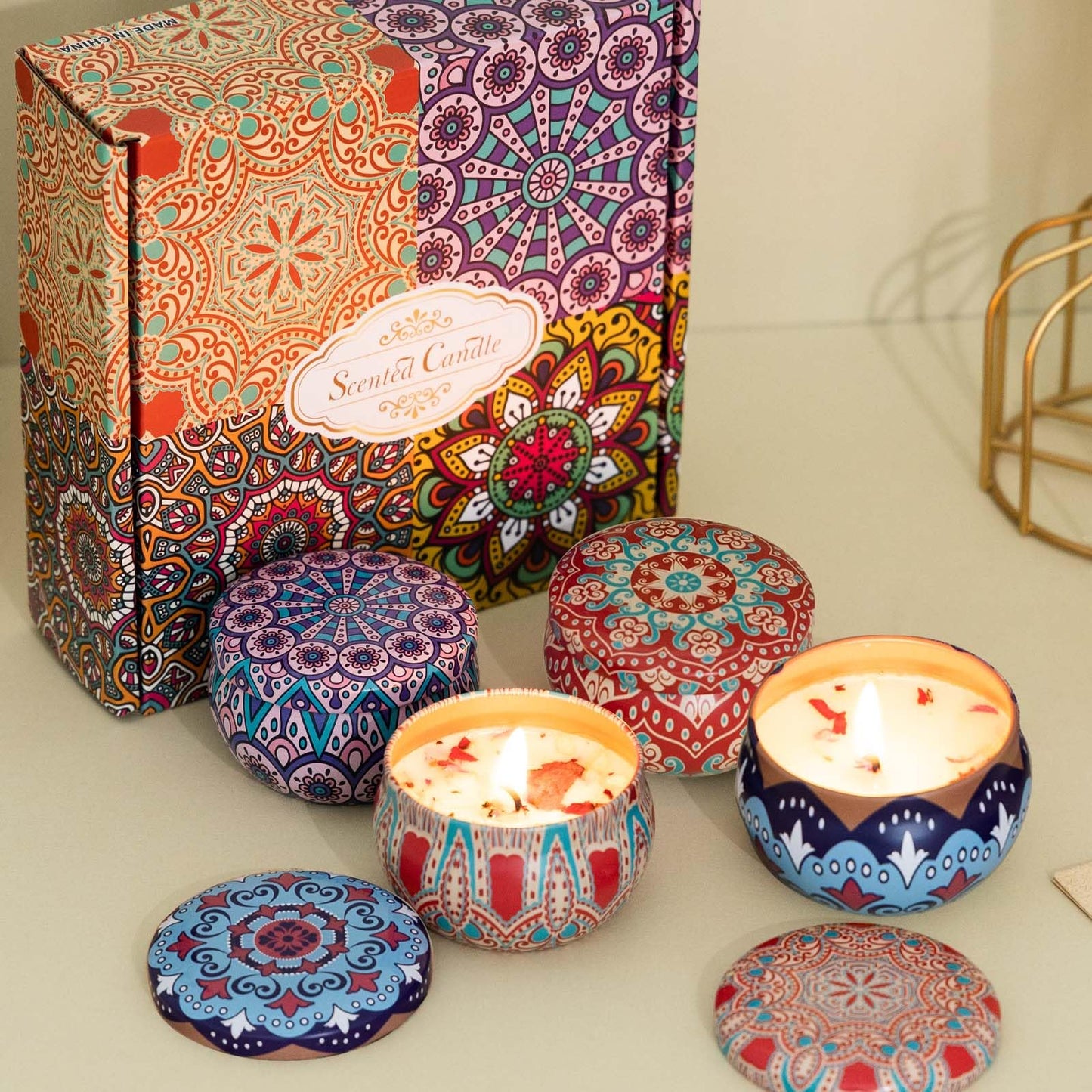 Scented Candles Gift Set, 2.5 oz Aromatherapy Candles for Home, Portable Candles, Soy Wax Tin Jar Candles for Yoga, Bath Long Lasting Time Candles Gift for Women Lavender/Rose/Vanilla/Wolfberry Orange