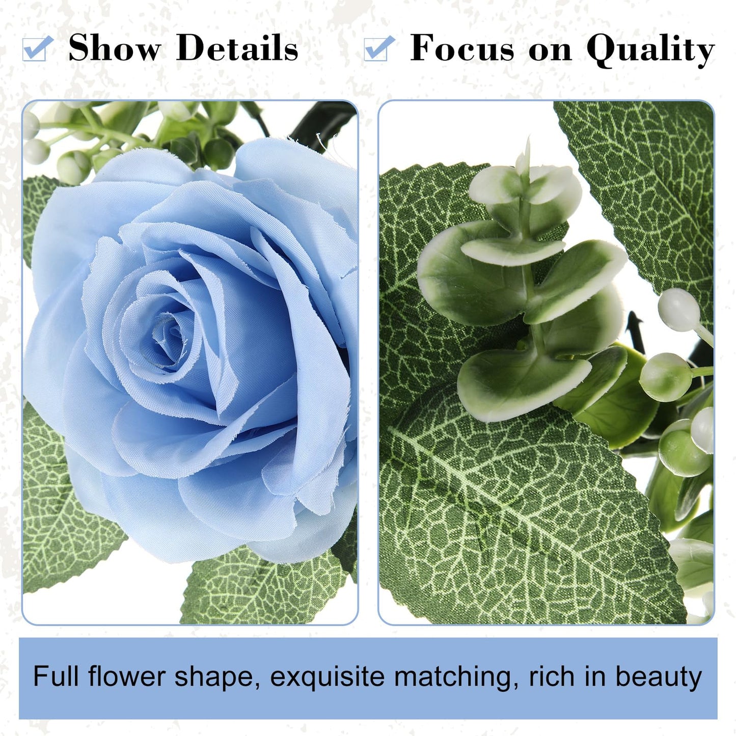 Yunlly 32 Pcs Rose Candle Rings with Flameless Candles Sets, Artificial Flower Eucalyptus Wedding Centerpiece 3 Inch Pillar Candleholders Wreaths for Wedding Party Mother's Day (Blue)