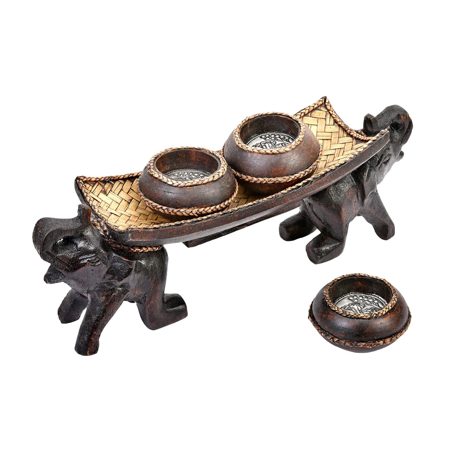 AeraVida Twin Elephant Rain Tree Wood Candle Holder with Three Vases, Hand Carved Safari Animal Centerpiece Home Decor