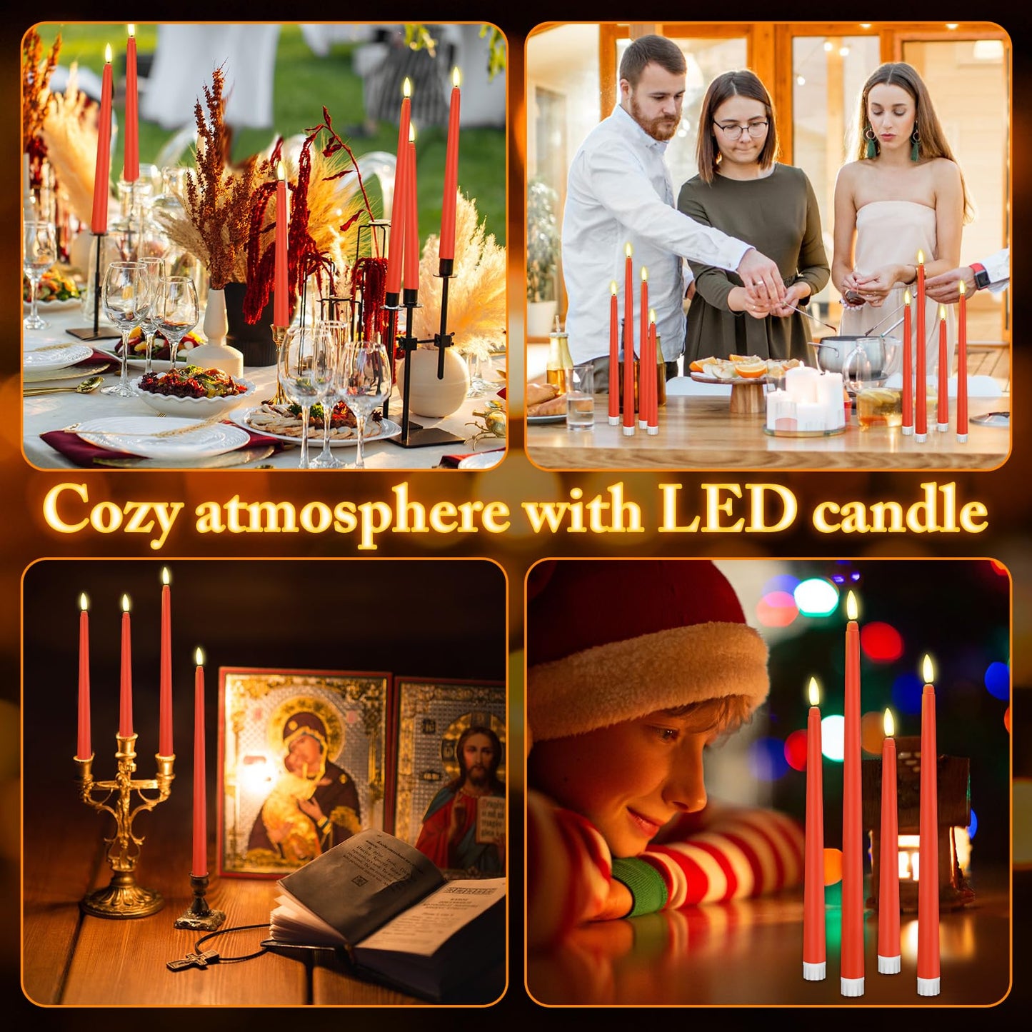 Rossesay 28 Pcs Flameless Taper Candles with Timer Remote 4 Sizes of 8.5", 9.6", 10.83", 12.8" LED Flickering Taper Candles Battery Operated for Valentine's Day Church Wedding Home Decor(Orange)