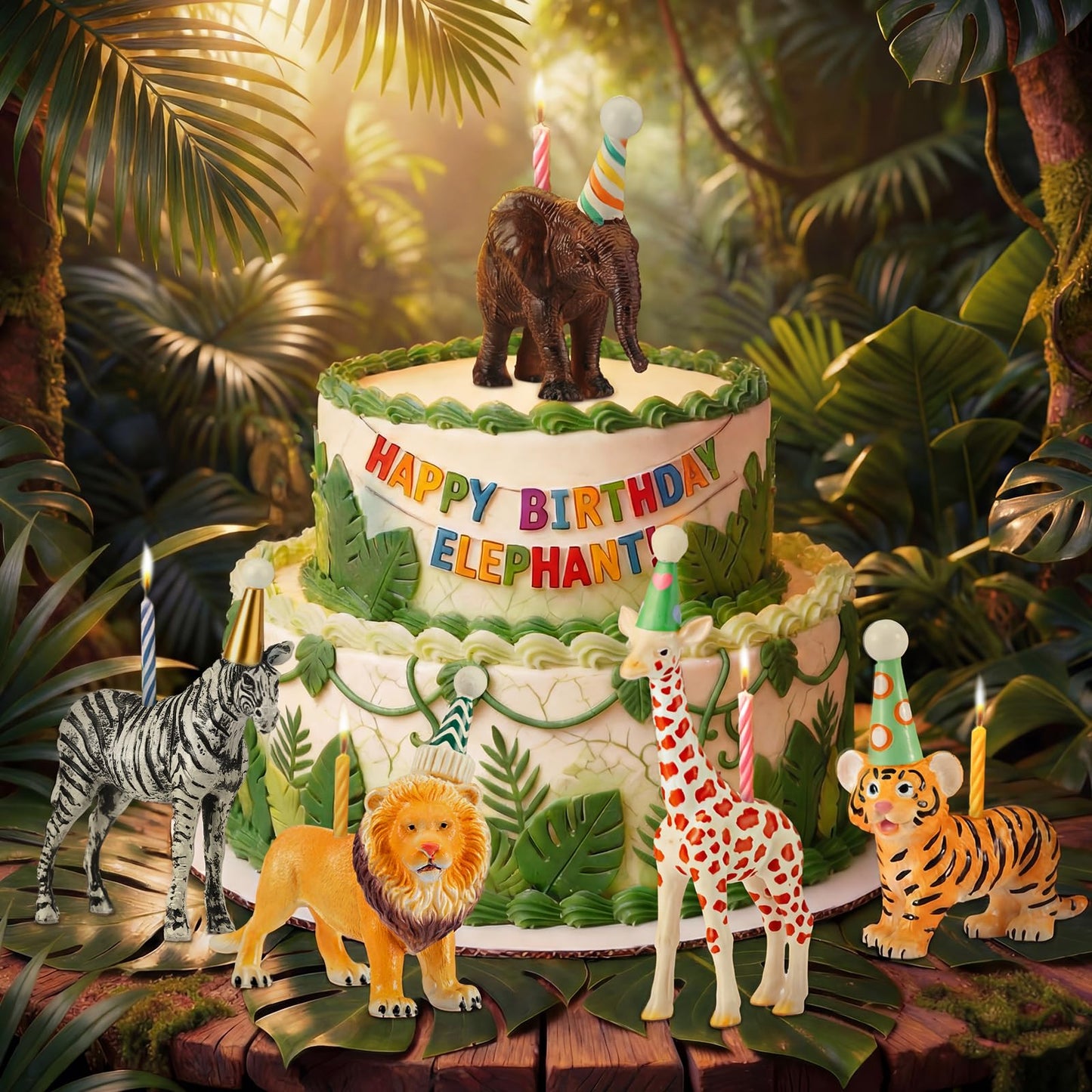 BrightRow 5 Pcs Safari Jungle Animal Cake Candle Holders Resin Animals Figures Cake Topper Birthday Party Decor Giraffe Lion Elephant Zebra Tiger Candle Stands for Wild Animals Themed Party Decor