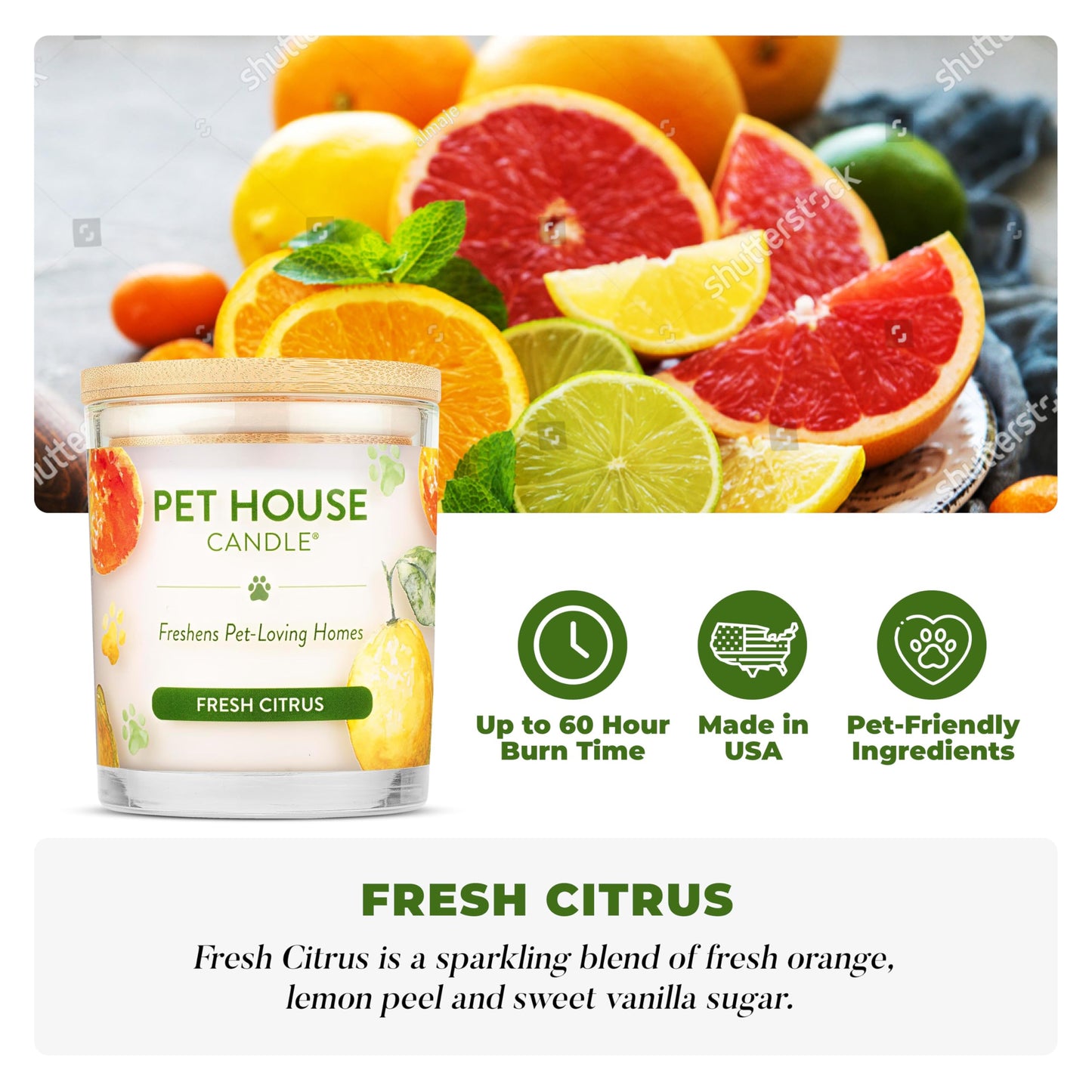 One Fur All Pet House Vanilla Candle Plant-Based/Soy - Clean Burning Scented, Long Lasting Pet Odor Candle for Home - Fresh Citrus