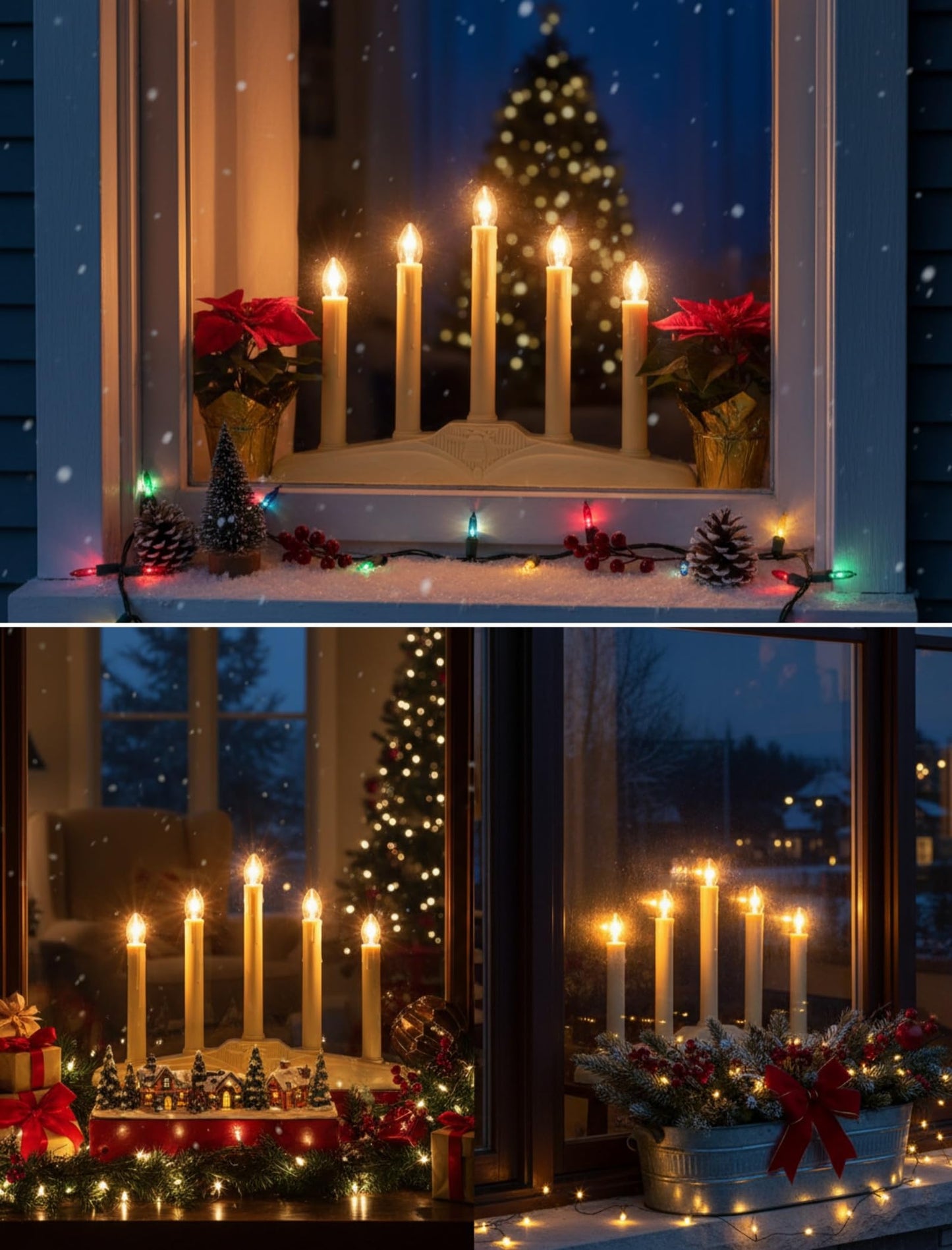 Pallerina Window Candles for Christmas, Battery Operated or Electric LED Flameless Taper Candlesticks with Timer and Sensor for Holiday Home Window Decoration, Ivory Base, 5-Light Set