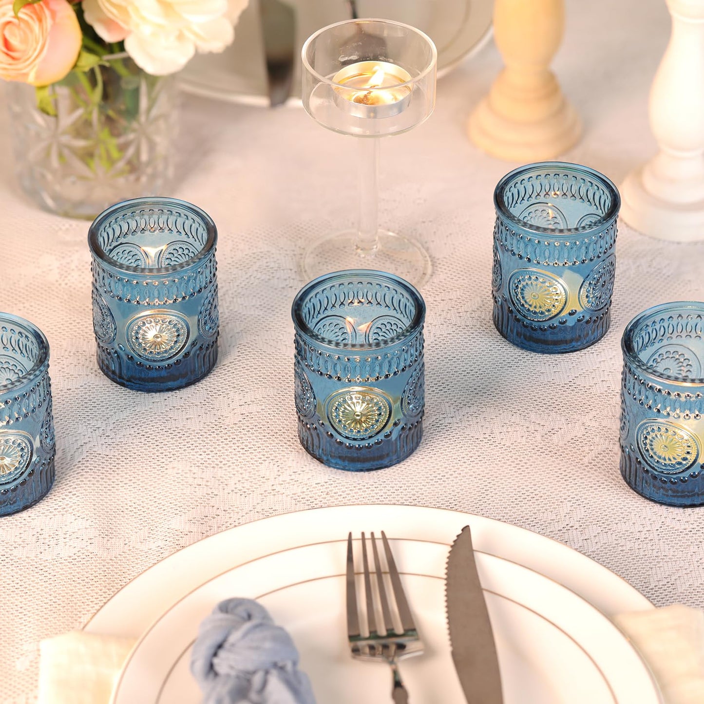 Lanttu Blue Votive Candle Holder Set of 12, Glass Tea Lights Candle Holders for Wedding Table Centerpieces, Birthday Parties, Home Decor and Holiday Decor