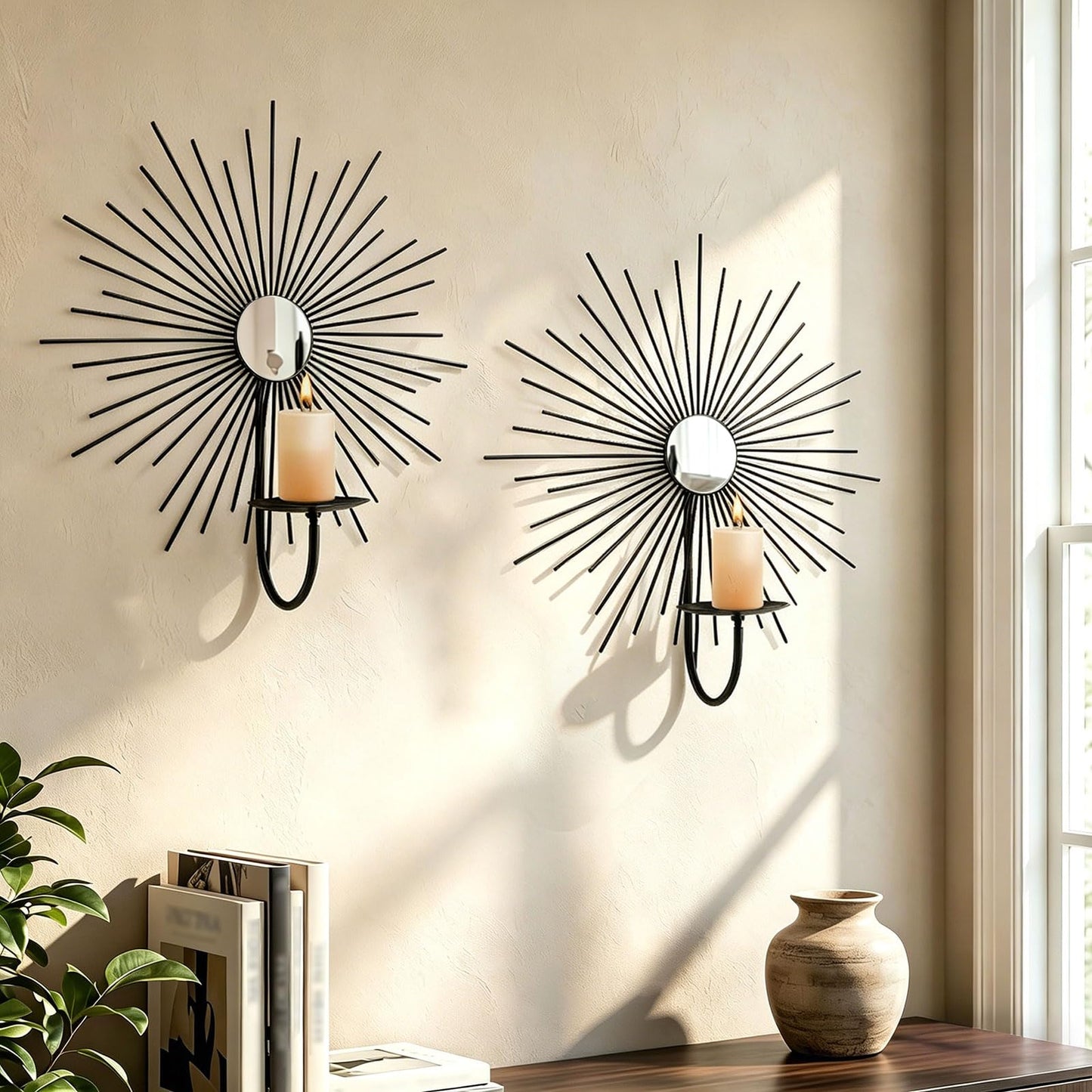 Sxnzequnze 2 Set Candle Sconces Wall Decor for Living Room Metal Sunburst Mirrored Modern Gold Wall-Mounted Candle Holder Sconces Hanging Mounted Fireplace Farmhouse Wedding