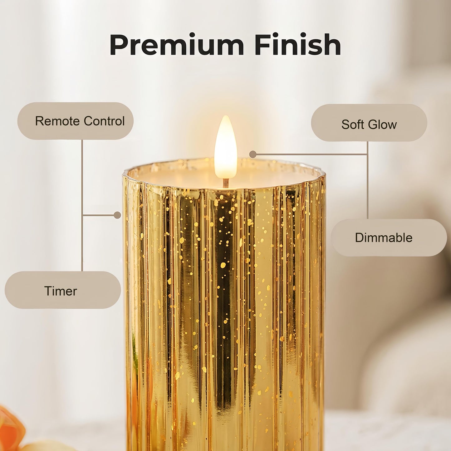volnyus Gold Glass Flameless Candles Set - 3 Pack(Φ 3" H 4" 5" 6") with Remote,Battery Operated Flickering LED Pillar Candles,Starscape LED Night Lights for Christmas,Home Decor