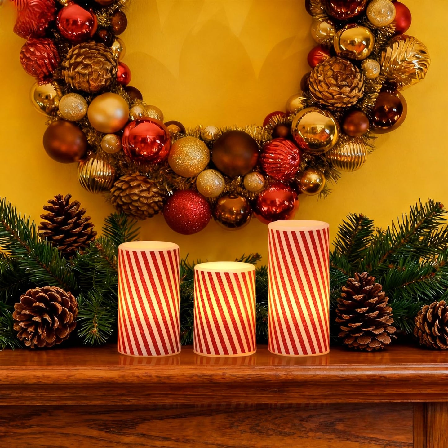 DRomance Christmas Flameless Candles Battery Operated with 6 Hour Timer, Real Wax Flickering LED Pillar Candles Candy Cane Decals Dinner Party Holiday Indoor Table Decor(3 Pack, 3" D x 4", 5", 6" H)