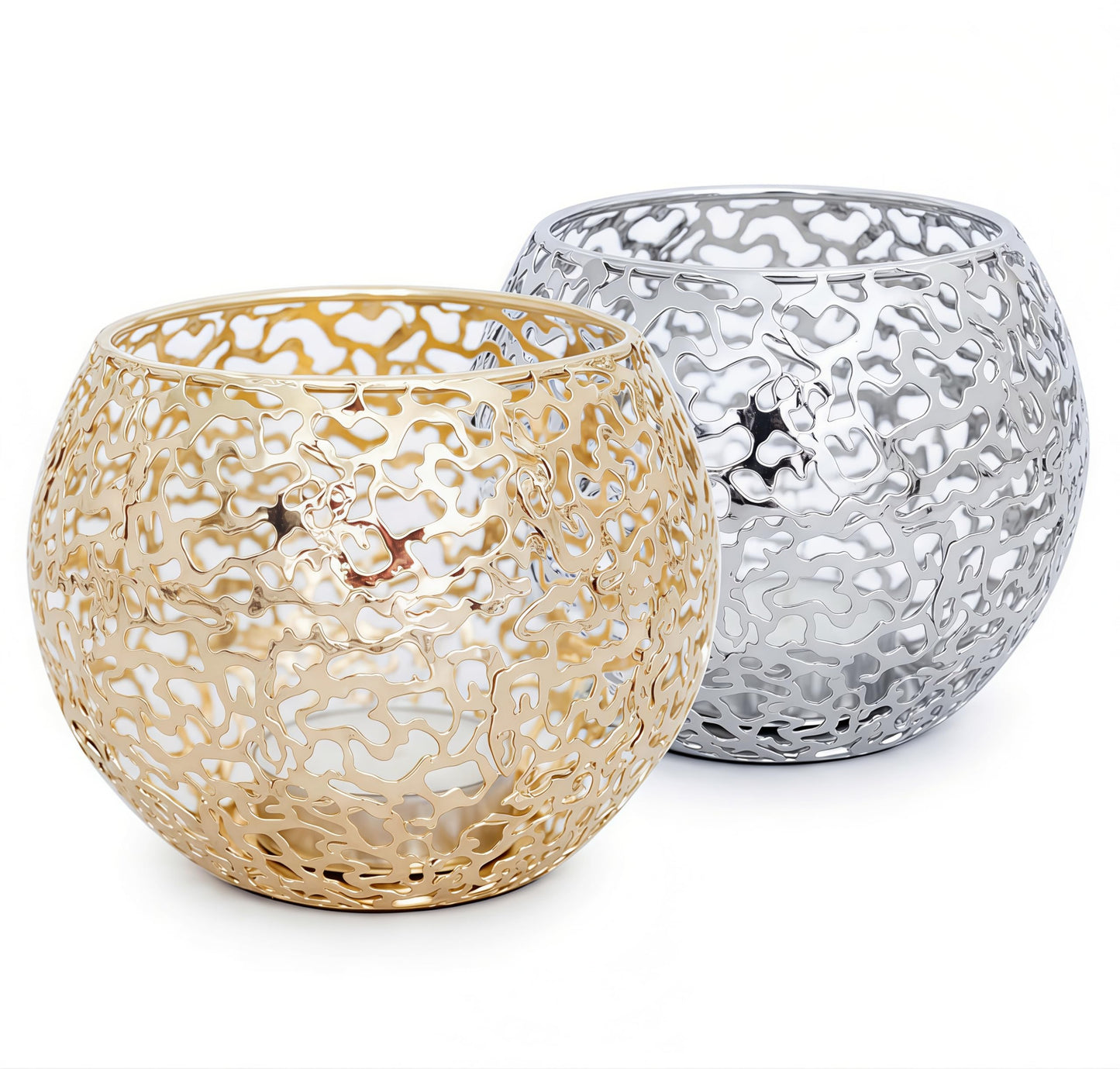 Metal Cut-Out Tealight Candle Holders Set of 2 – Geometric Lanterns for Table Centerpiece & Bathroom Spa – Shatterproof Holiday Decor, Winter Wedding (Gold/Silver)