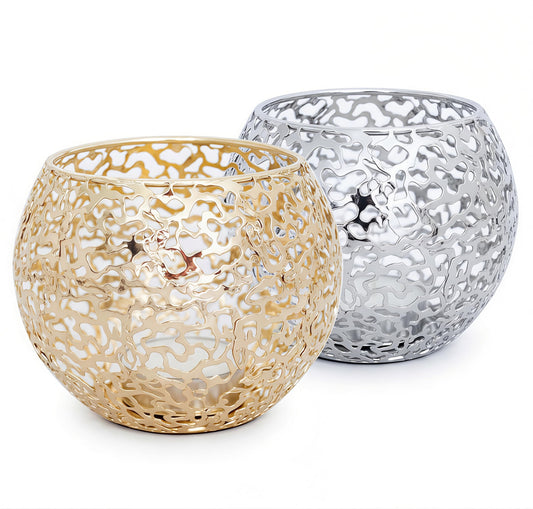 Metal Cut-Out Tealight Candle Holders Set of 2 – Geometric Lanterns for Table Centerpiece & Bathroom Spa – Shatterproof Holiday Decor, Winter Wedding (Gold/Silver)