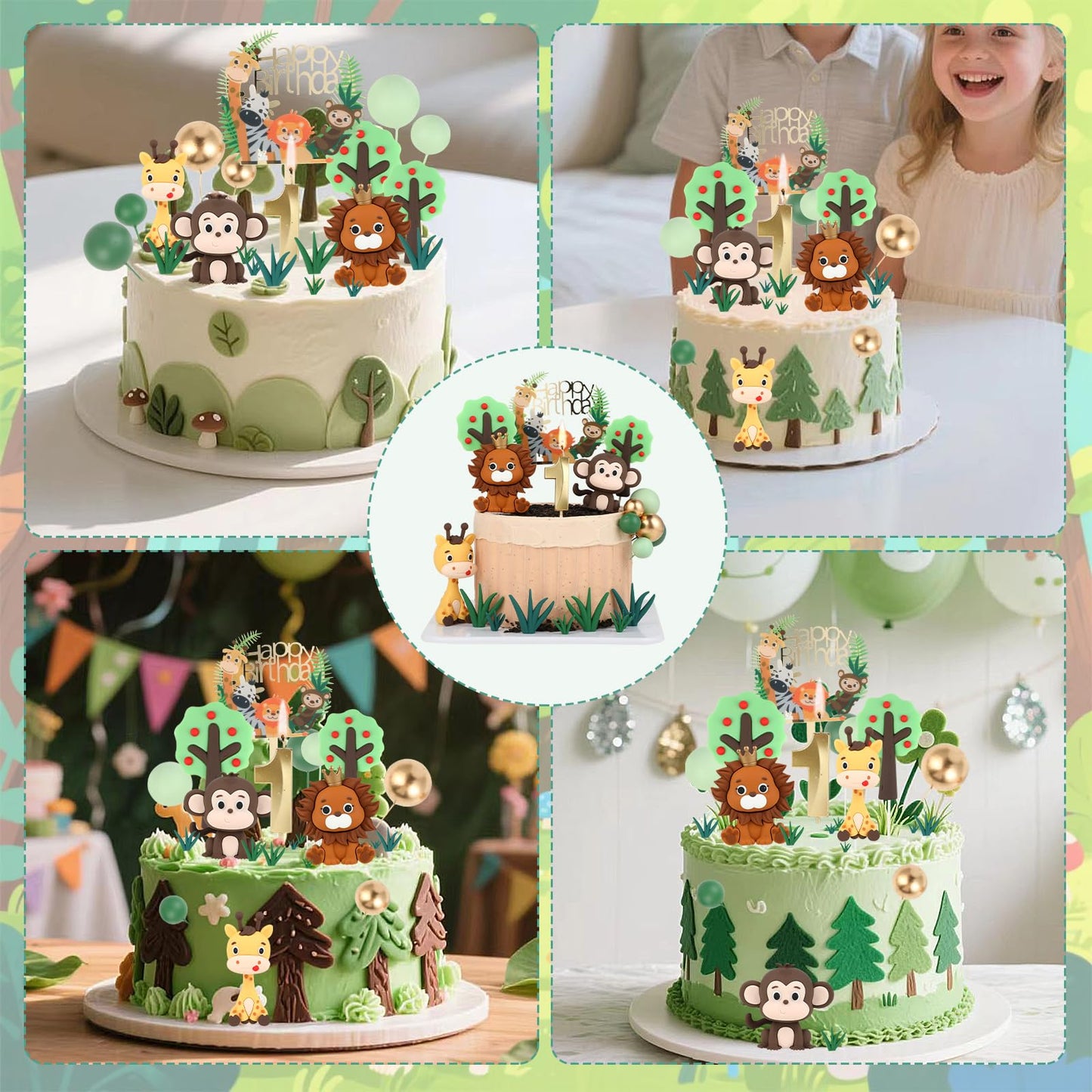 1st Birthday Safari Cake Toppers Set - 3D Lion, Monkey, Giraffe with Number 1 Candle, 8 Grass, Trees & Balls - 21PCS Jungle Animal Cake Decorations Kit for Boys Girls 1 Year Old Party (1st)
