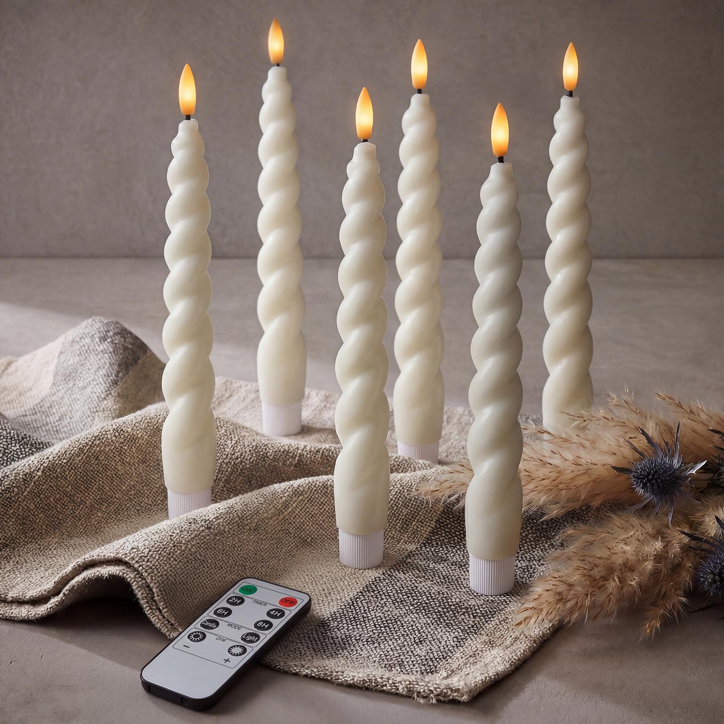 West Ivory Full Twisted Spiral Flameless LED Taper Candles – Ivory, Set of 6 – 2/4/6/8-Hr Timer (24-Hr Memory), Remote, Dimmable, Bottom On/Off Button, Flicker/Steady, Battery Operated
